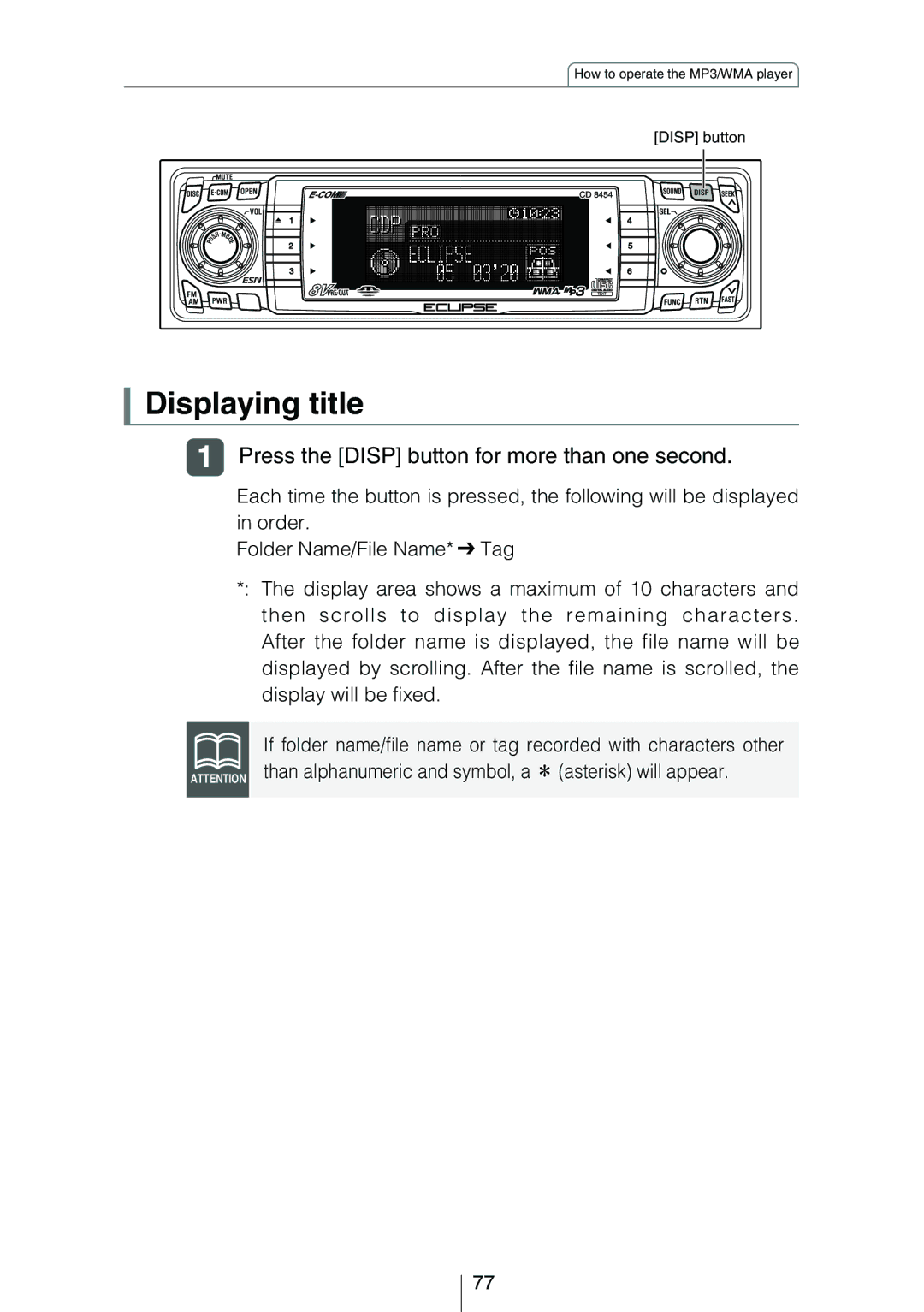 Eclipse - Fujitsu Ten CD8454 owner manual Displaying title, Press the Disp button for more than one second 