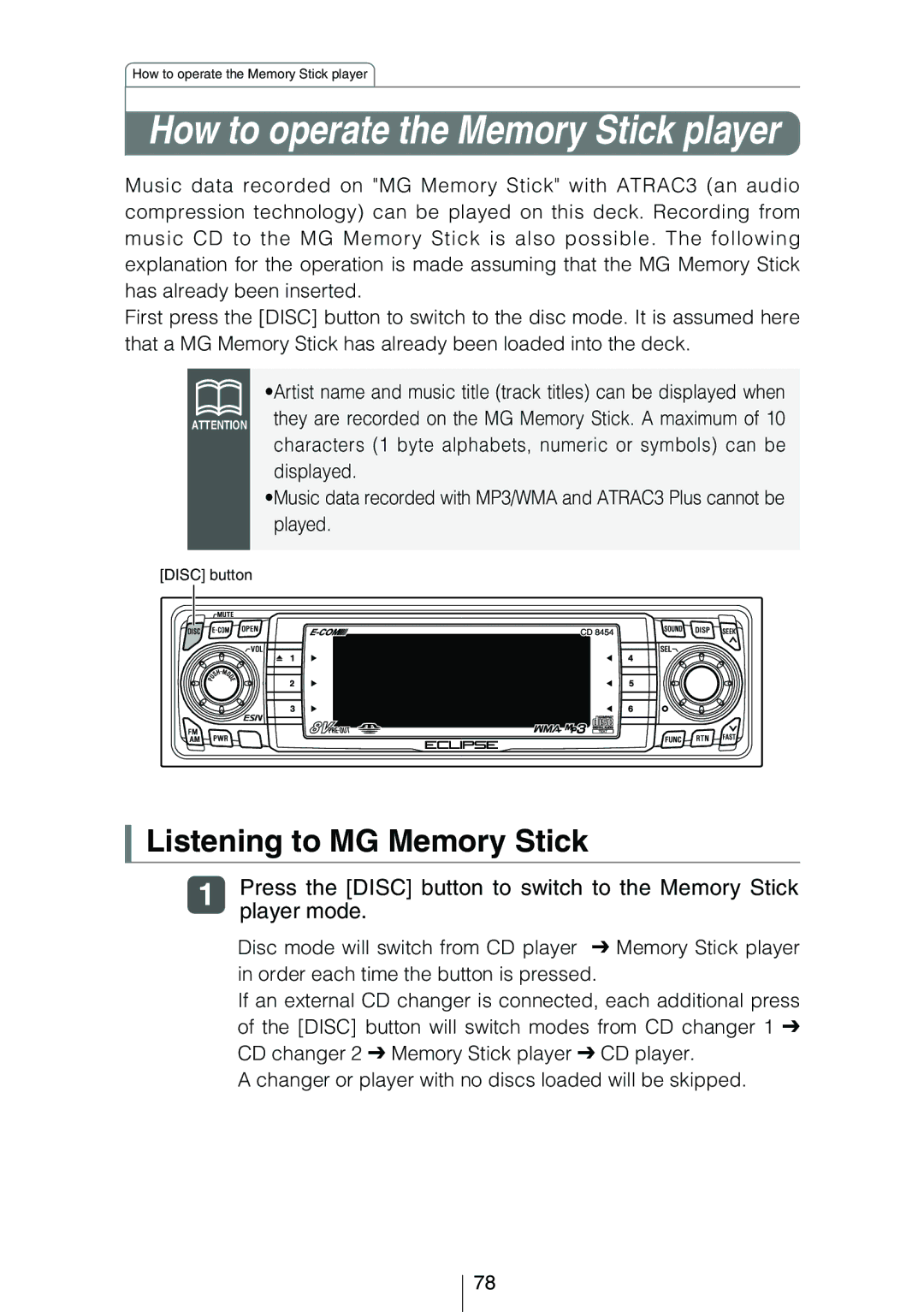 Eclipse - Fujitsu Ten CD8454 owner manual How to operate the Memory Stick player, Player mode 