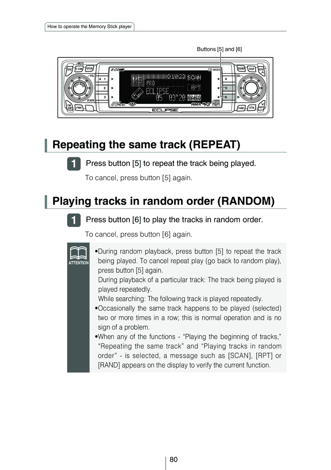 Eclipse - Fujitsu Ten CD8454 owner manual Repeating the same track Repeat 