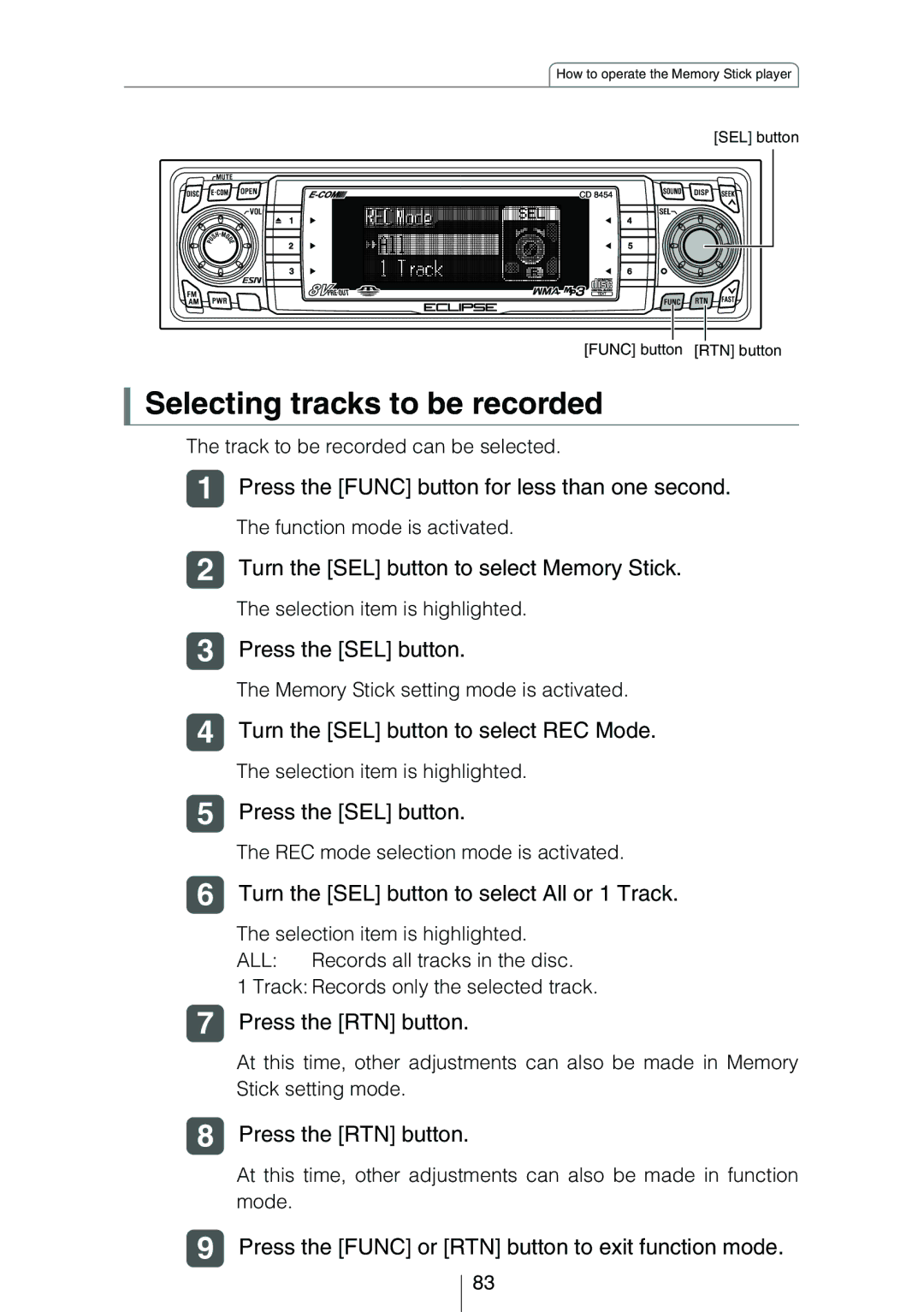 Eclipse - Fujitsu Ten CD8454 owner manual Selecting tracks to be recorded, Turn the SEL button to select Memory Stick 