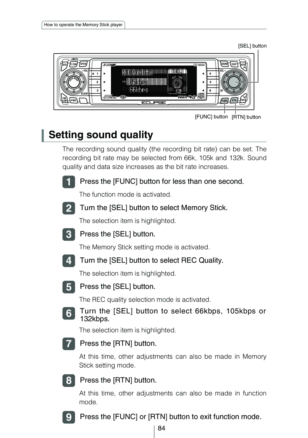 Eclipse - Fujitsu Ten CD8454 owner manual Setting sound quality, Turn the SEL button to select REC Quality, 132kbps 