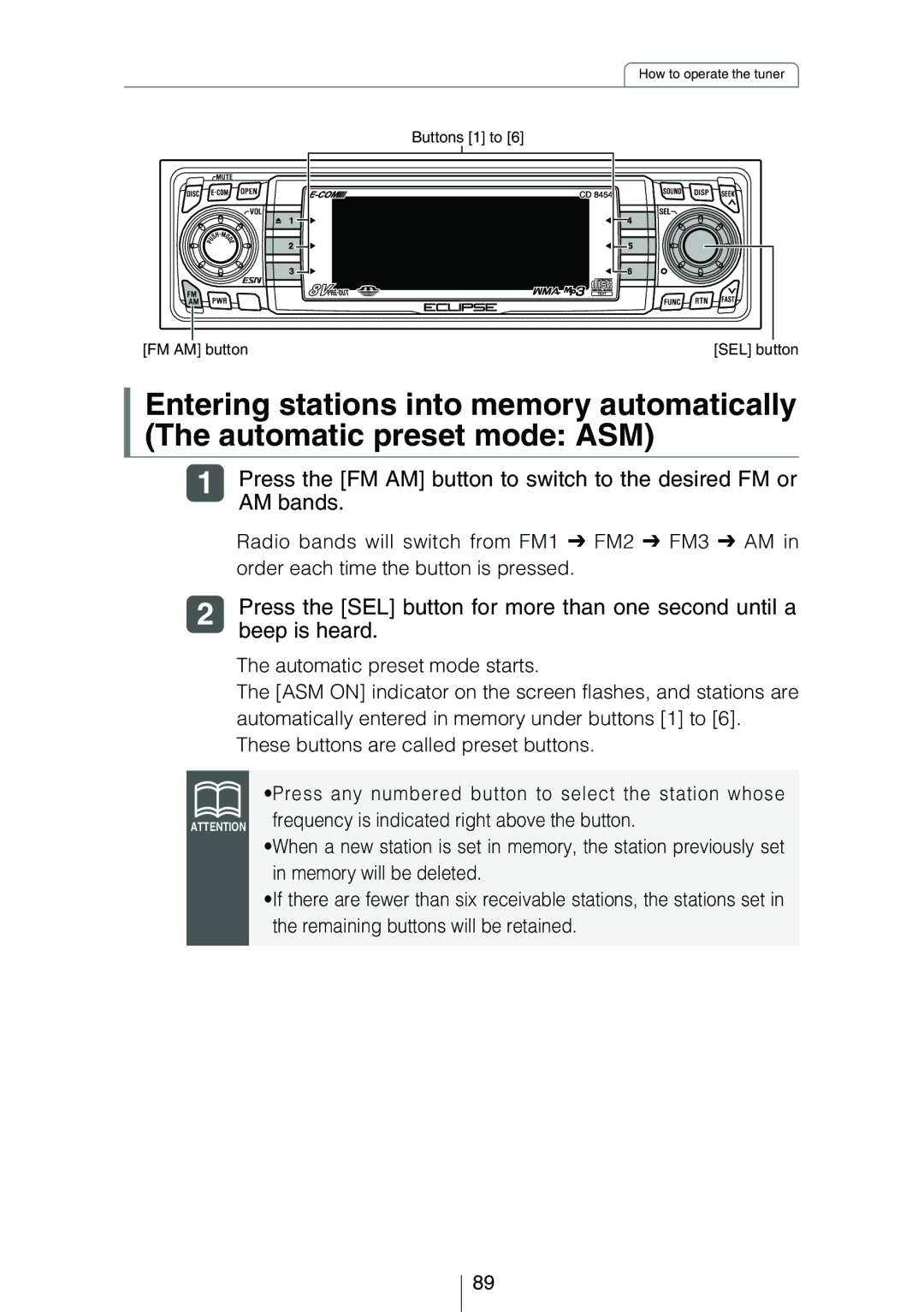 Eclipse - Fujitsu Ten CD8454 owner manual Press the SEL button for more than one second until a, Beep is heard 