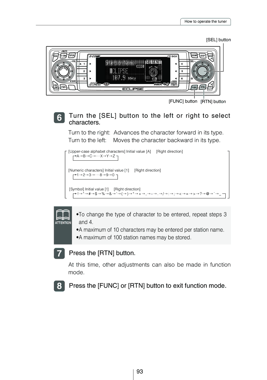 Eclipse - Fujitsu Ten CD8454 owner manual Press the Func or RTN button to exit function mode 