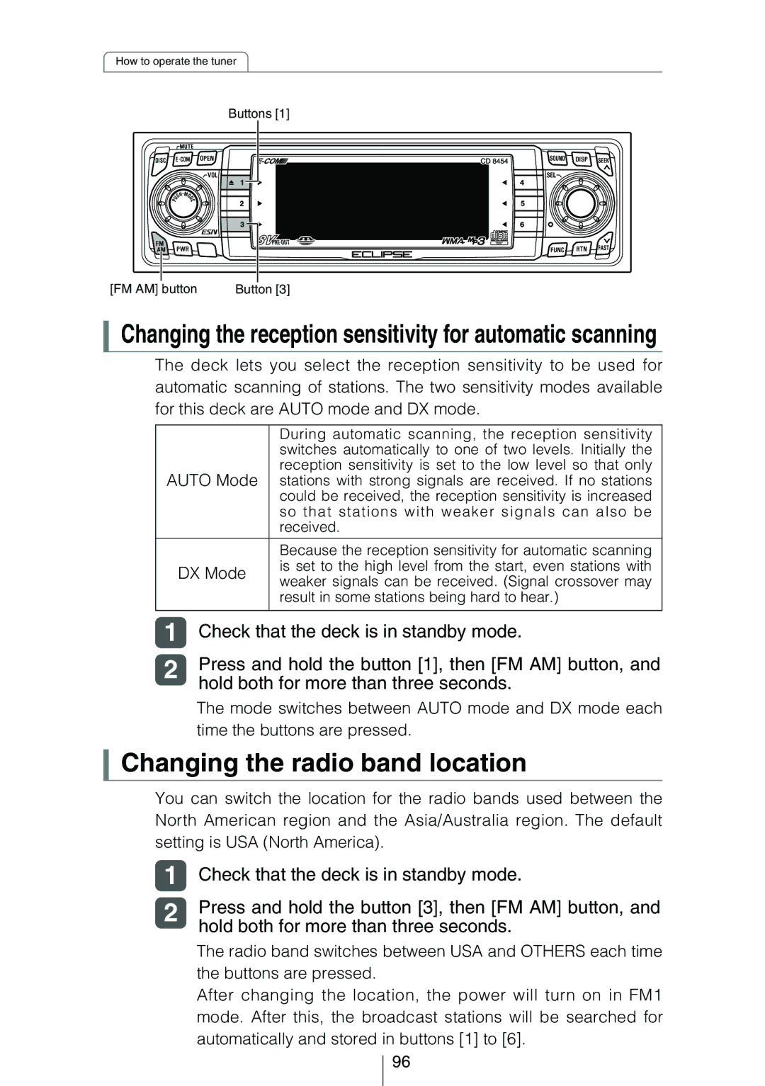 Eclipse - Fujitsu Ten CD8454 owner manual Changing the radio band location, Check that the deck is in standby mode 