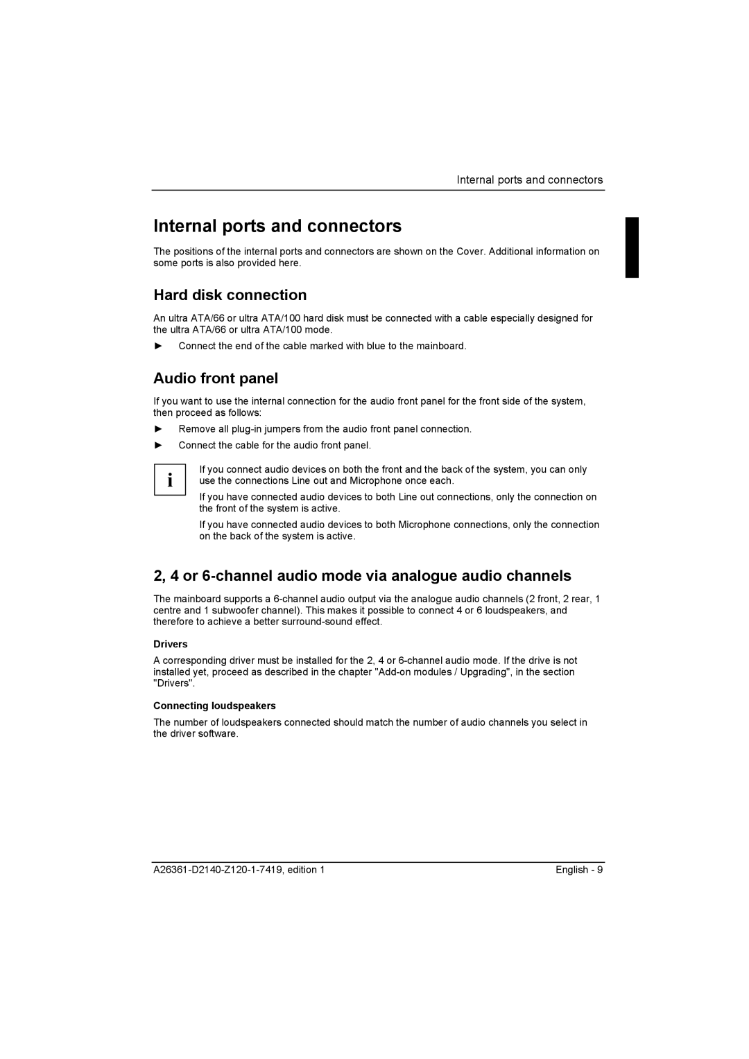 Eclipse - Fujitsu Ten D2140 technical manual Internal ports and connectors, Hard disk connection, Audio front panel 