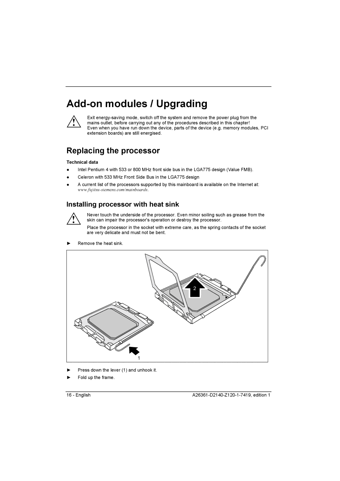 Eclipse - Fujitsu Ten D2140 Add-on modules / Upgrading, Replacing the processor, Installing processor with heat sink 