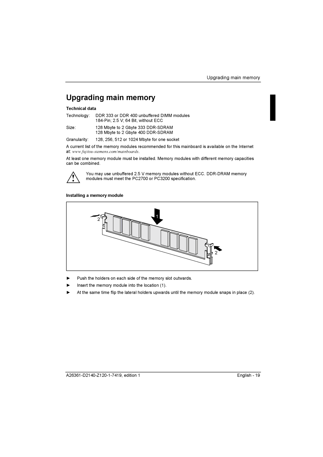 Eclipse - Fujitsu Ten D2140 technical manual Upgrading main memory, Installing a memory module 