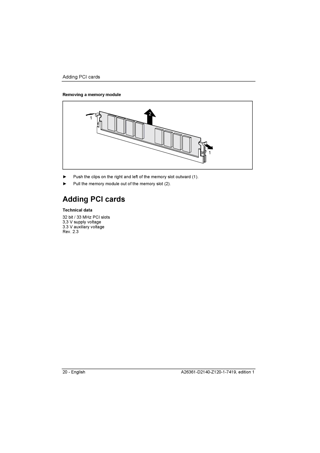 Eclipse - Fujitsu Ten D2140 technical manual Adding PCI cards, Removing a memory module 