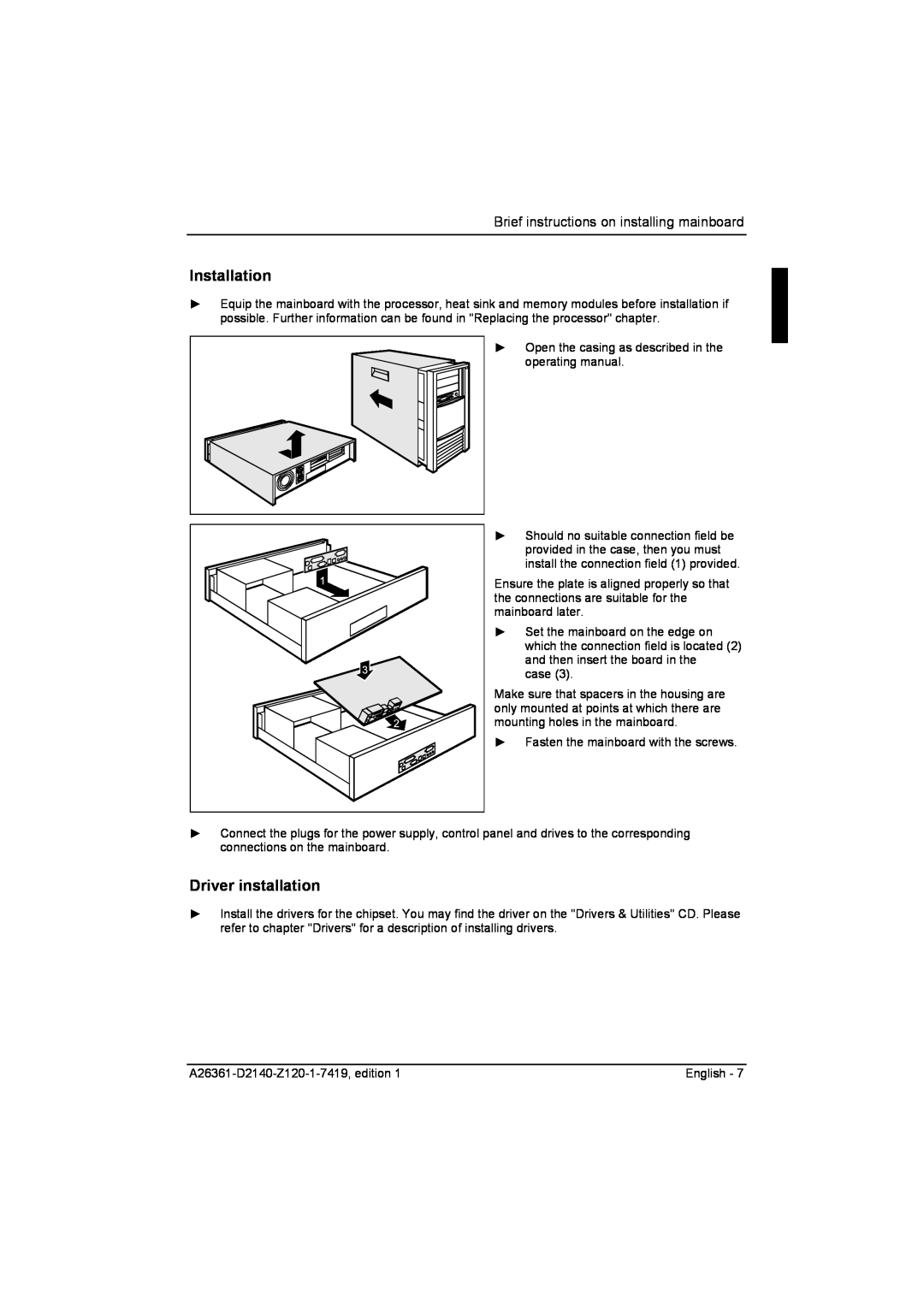 Eclipse - Fujitsu Ten D2140 technical manual Installation, Driver installation, Brief instructions on installing mainboard 
