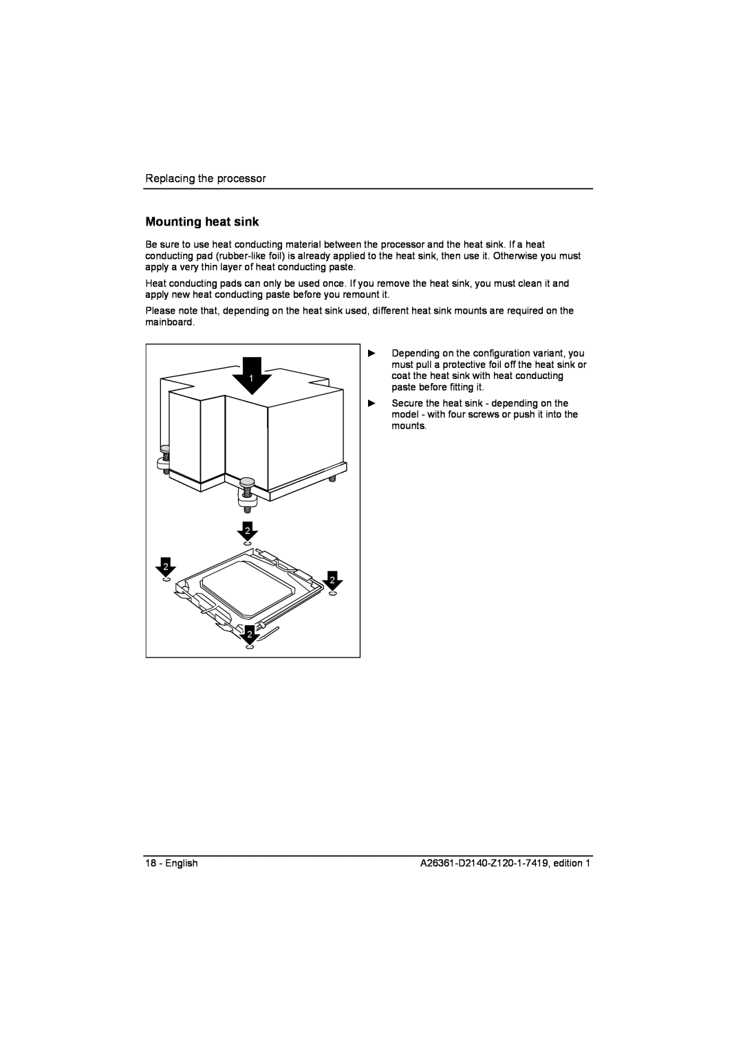 Eclipse - Fujitsu Ten D2140 technical manual Mounting heat sink, Replacing the processor 
