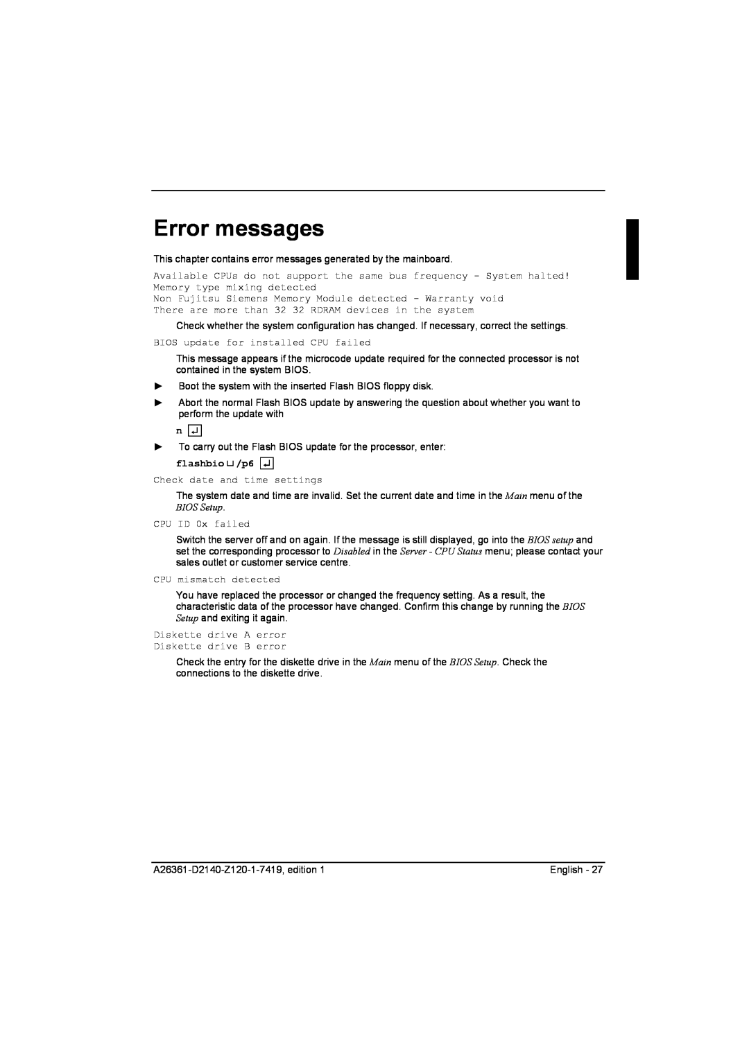 Eclipse - Fujitsu Ten D2140 technical manual Error messages, flashbio/p6 
