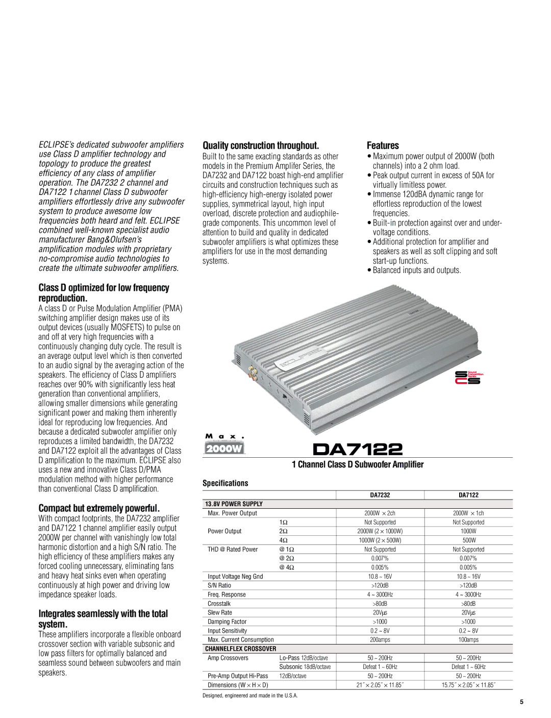 Eclipse - Fujitsu Ten DA7232 manual DA7122, Features 