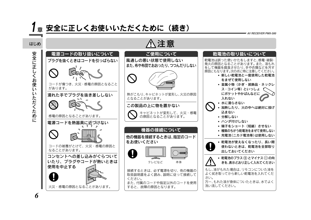 Eclipse - Fujitsu Ten PMX-300 manual 濡れた手でプラグを抜き差ししない, 電源コードを熱器具に近づけない, コンセントへの差し込みがぐらついて いたり、プラグやコードが熱いときは 使用を中止する 