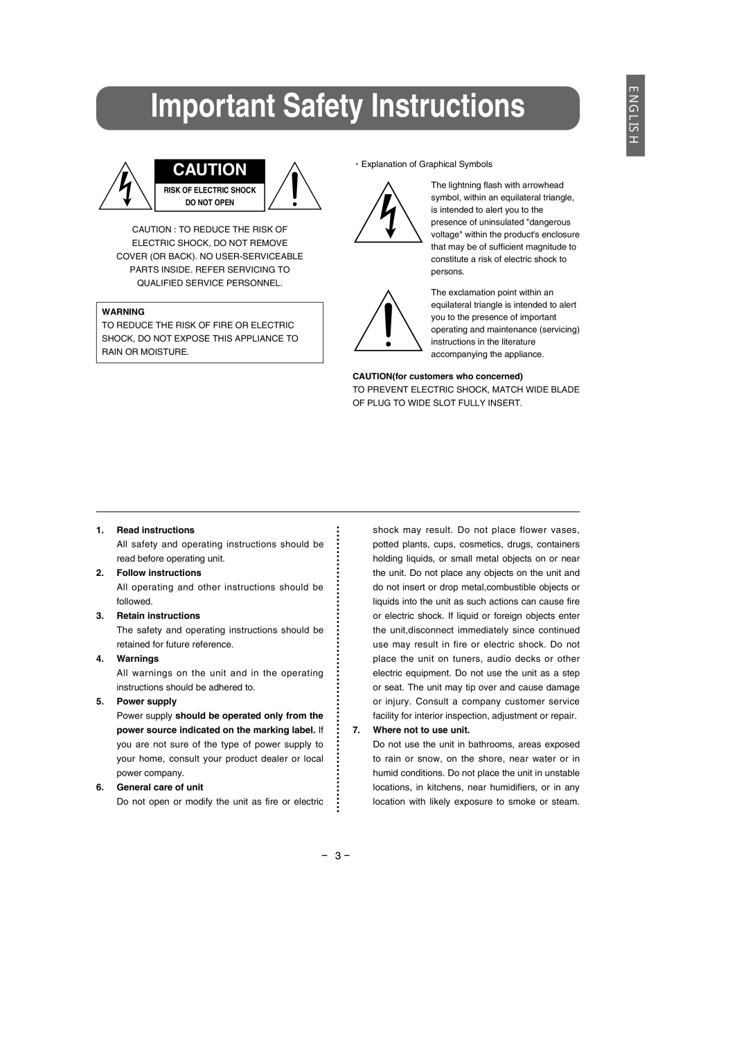 Eclipse - Fujitsu Ten Speaker 512 Read instructions, Follow instructions, Retain instructions, Where not to use unit 