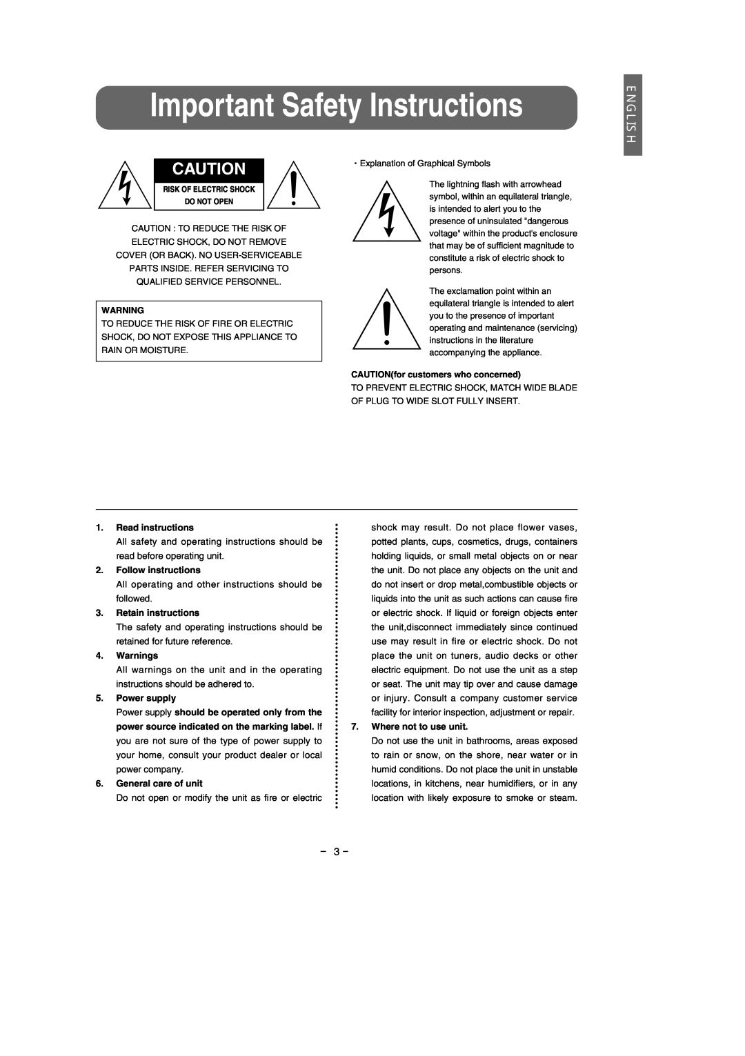 Eclipse - Fujitsu Ten Speaker 512 owner manual Important Safety Instructions, English, － 3 － 