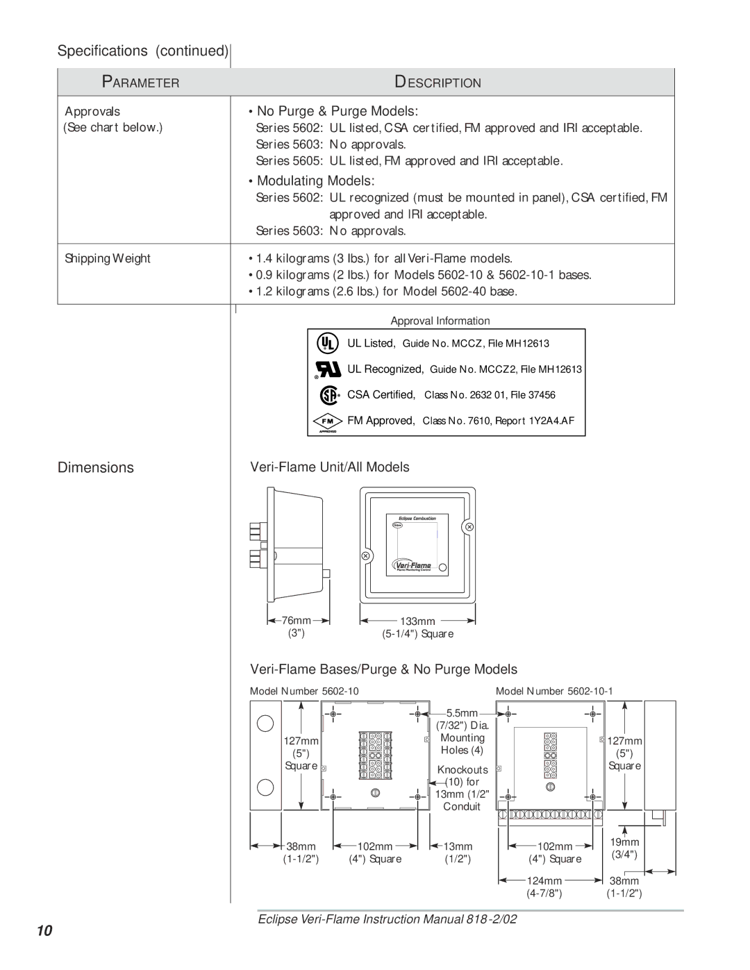 Eclipse Combustion 5600 instruction manual Dimensions, Veri-Flame Unit/All Models, Veri-Flame Bases/Purge & No Purge Models 