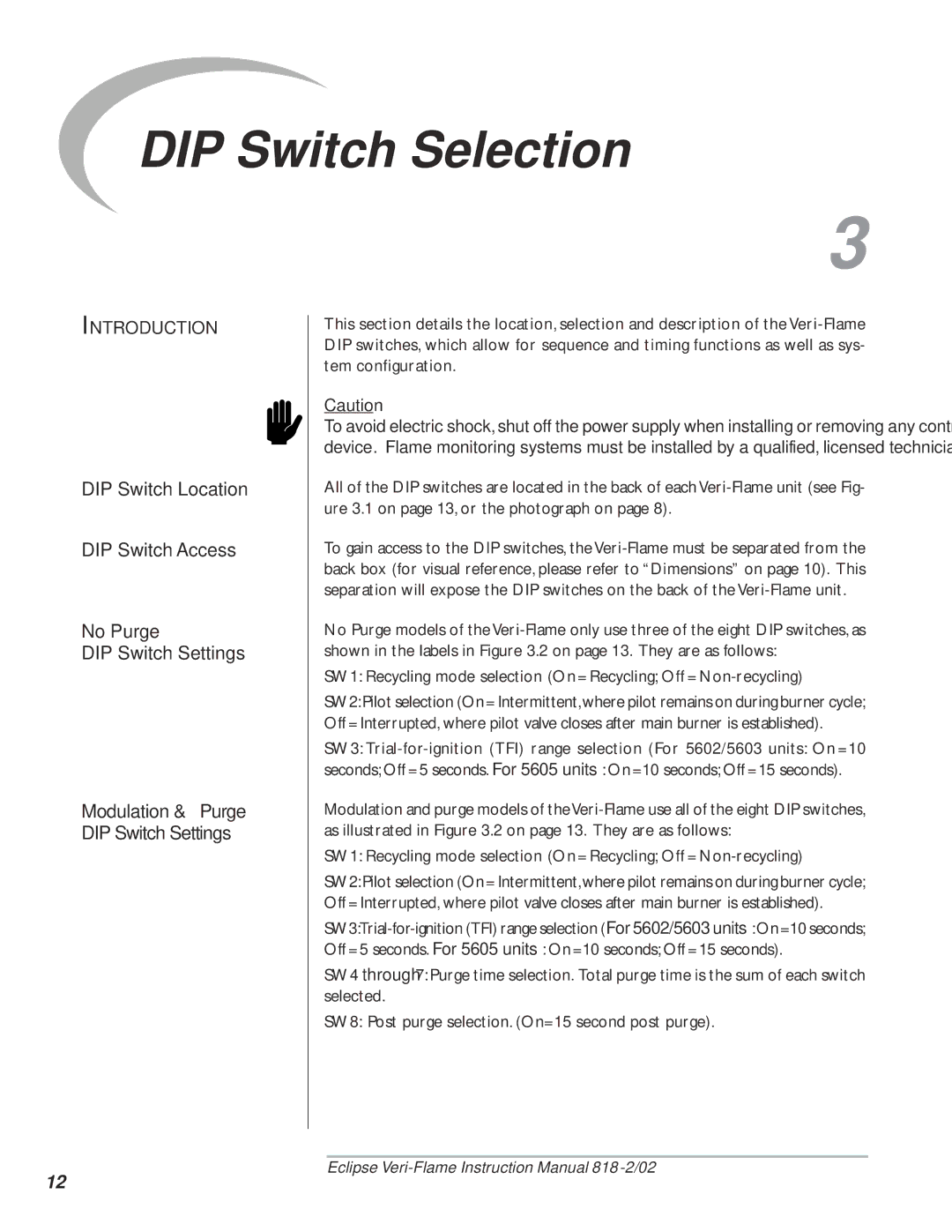 Eclipse Combustion 5600 instruction manual DIP Switch Selection, Modulation & Purge DIP Switch Settings 