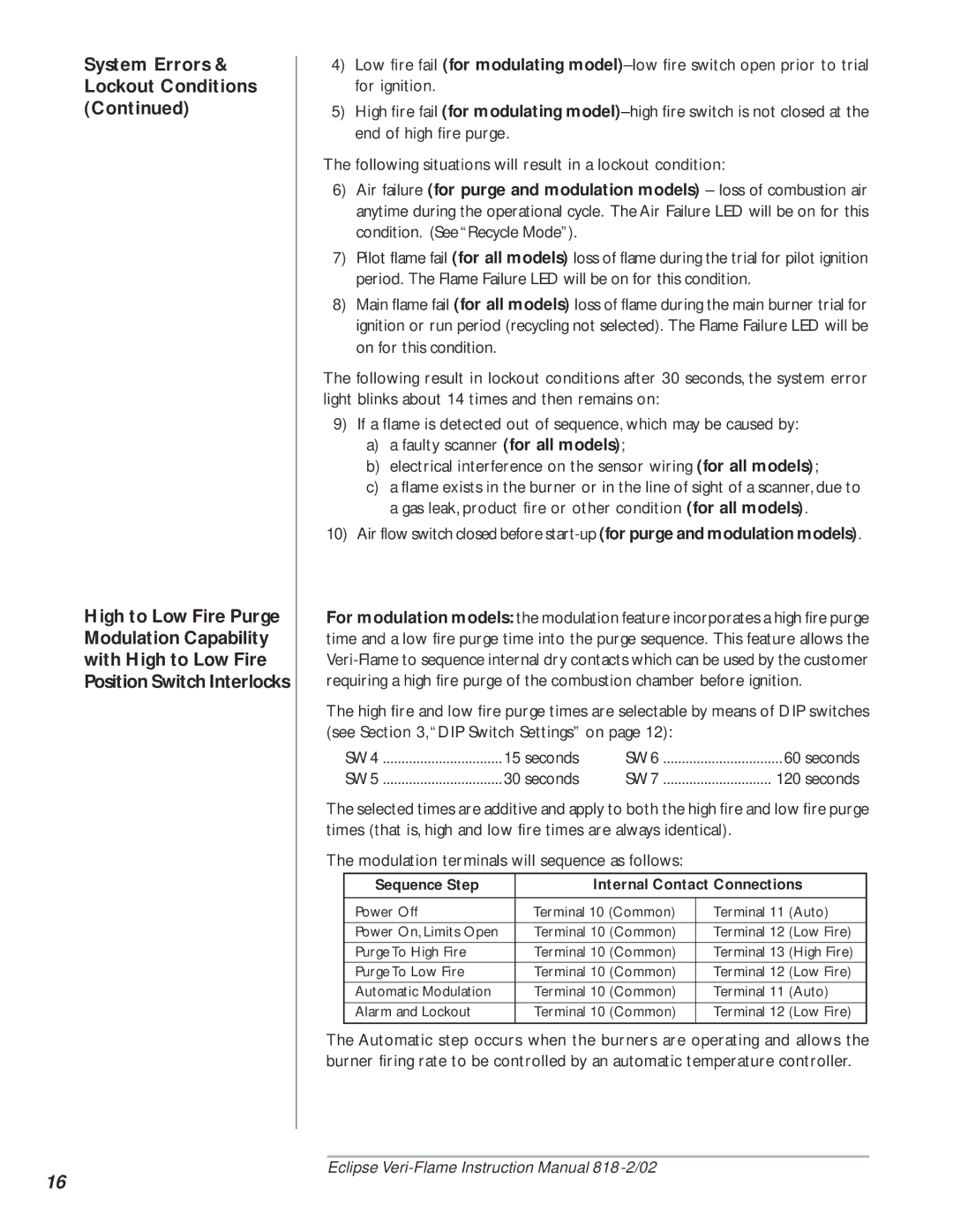 Eclipse Combustion 5600, VeriFlame Single Burner Monitoring System instruction manual Seconds 