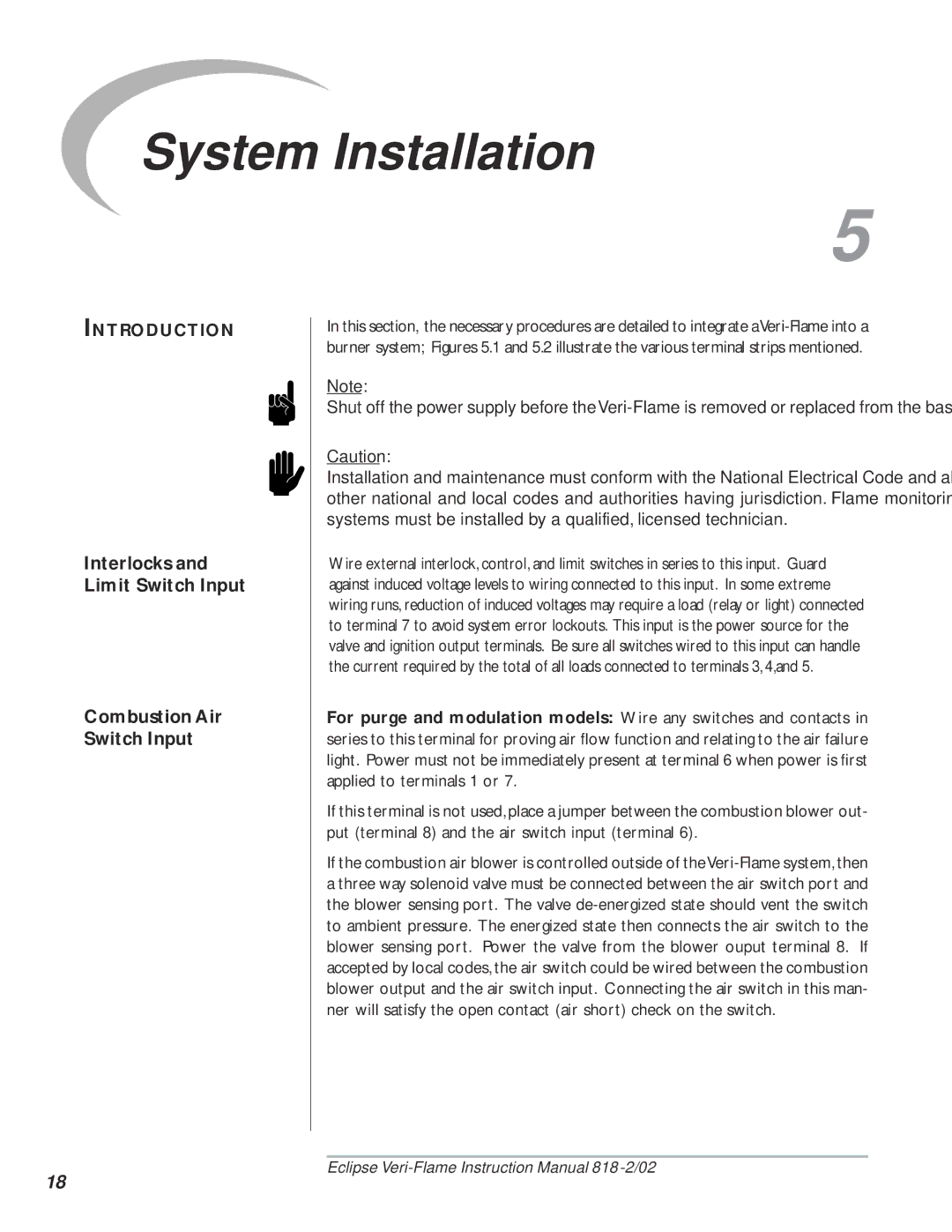 Eclipse Combustion 5600, VeriFlame Single Burner Monitoring System instruction manual System Installation, Introduction 