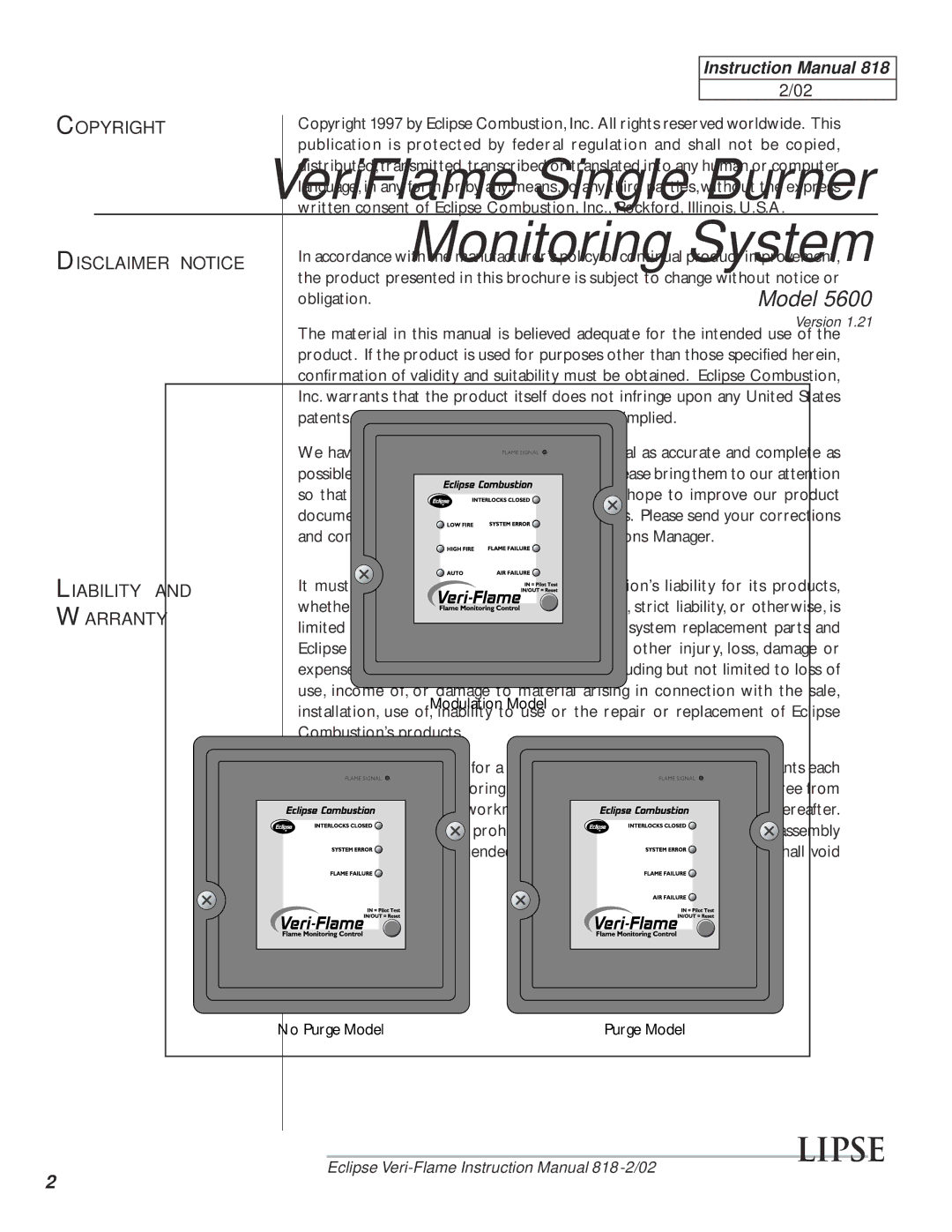 Eclipse Combustion 5600, VeriFlame Single Burner Monitoring System Copyright Disclaimer Notice Liability Warranty 