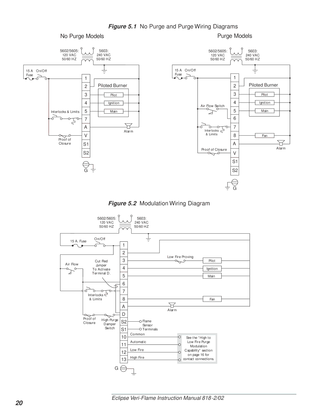 Eclipse Combustion 5600, VeriFlame Single Burner Monitoring System No Purge and Purge Wiring Diagrams No Purge Models 