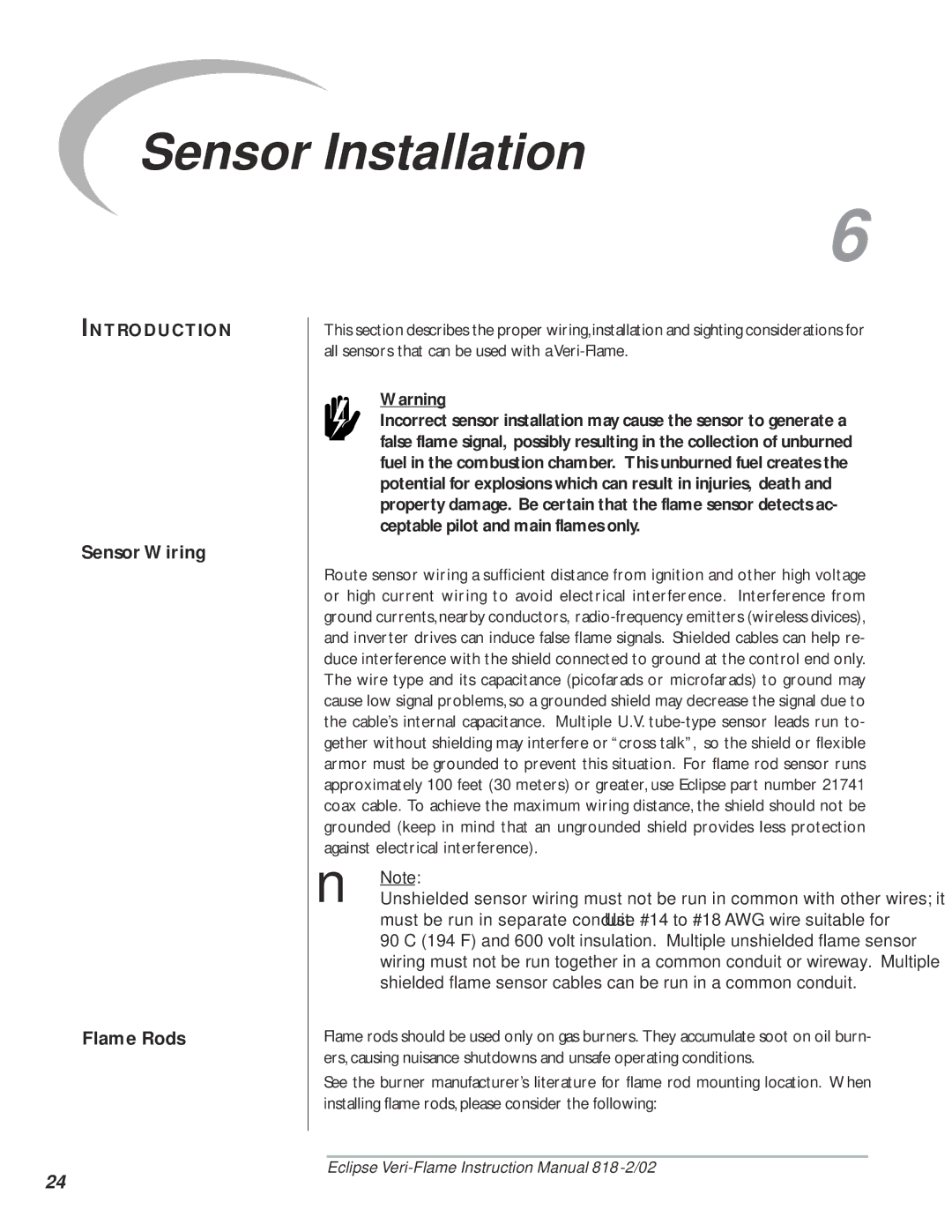 Eclipse Combustion 5600, VeriFlame Single Burner Monitoring System Sensor Installation, Sensor Wiring Flame Rods 