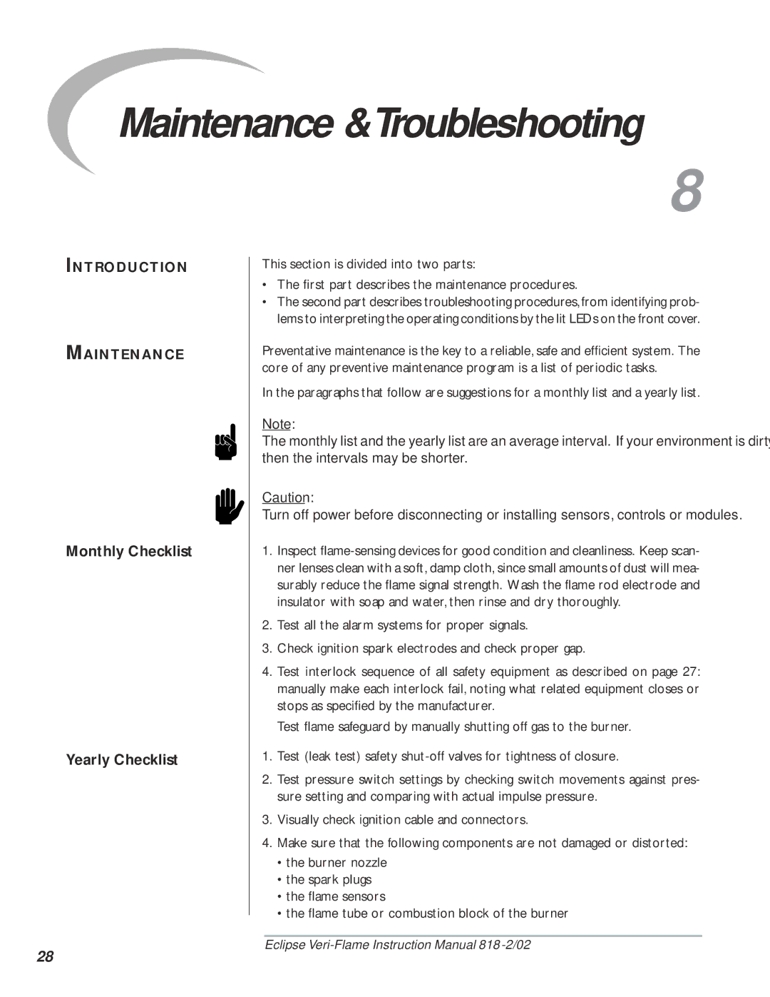 Eclipse Combustion 5600 Maintenance &Troubleshooting, Monthly Checklist Yearly Checklist, Introduction Maintenance 