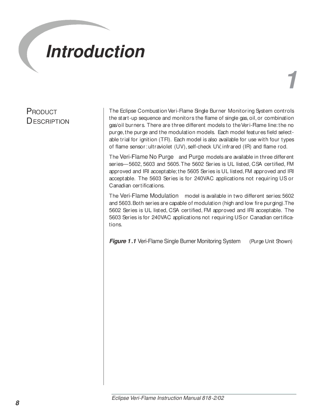 Eclipse Combustion 5600, VeriFlame Single Burner Monitoring System instruction manual Introduction, Product Description 