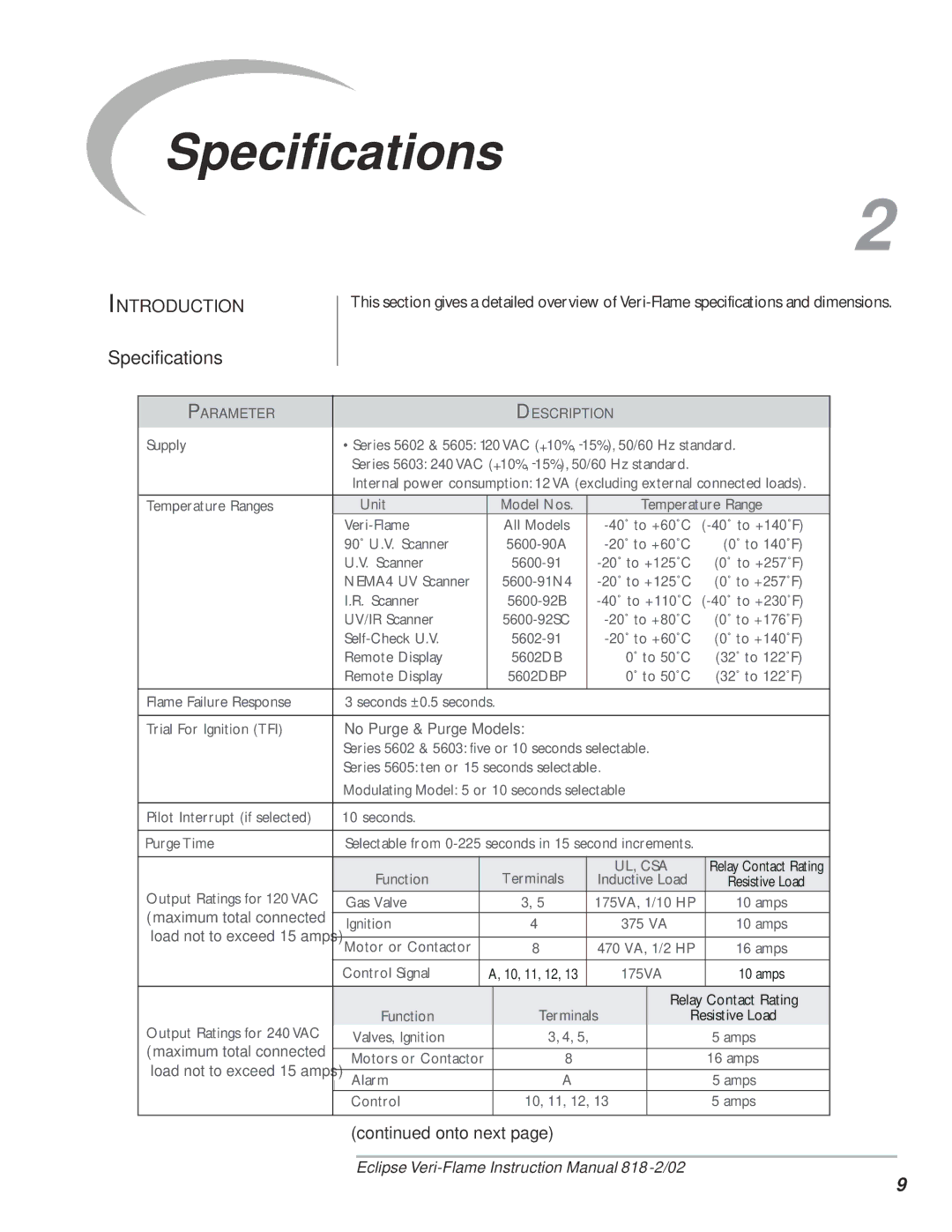 Eclipse Combustion VeriFlame Single Burner Monitoring System, 5600 instruction manual Specifications, Introduction 