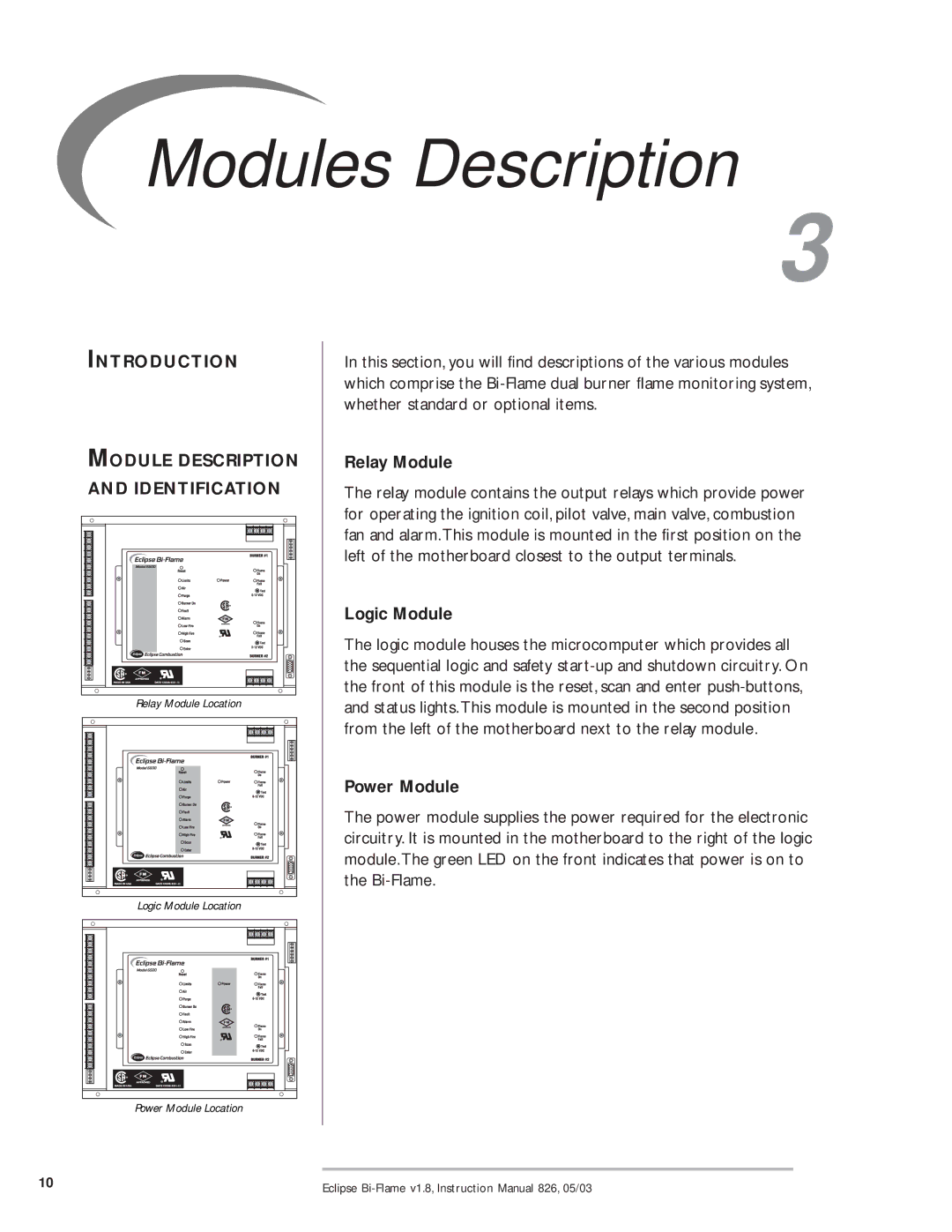 Eclipse Combustion 6500 Modules Description, Introduction Module Description Identification, Relay Module, Logic Module 