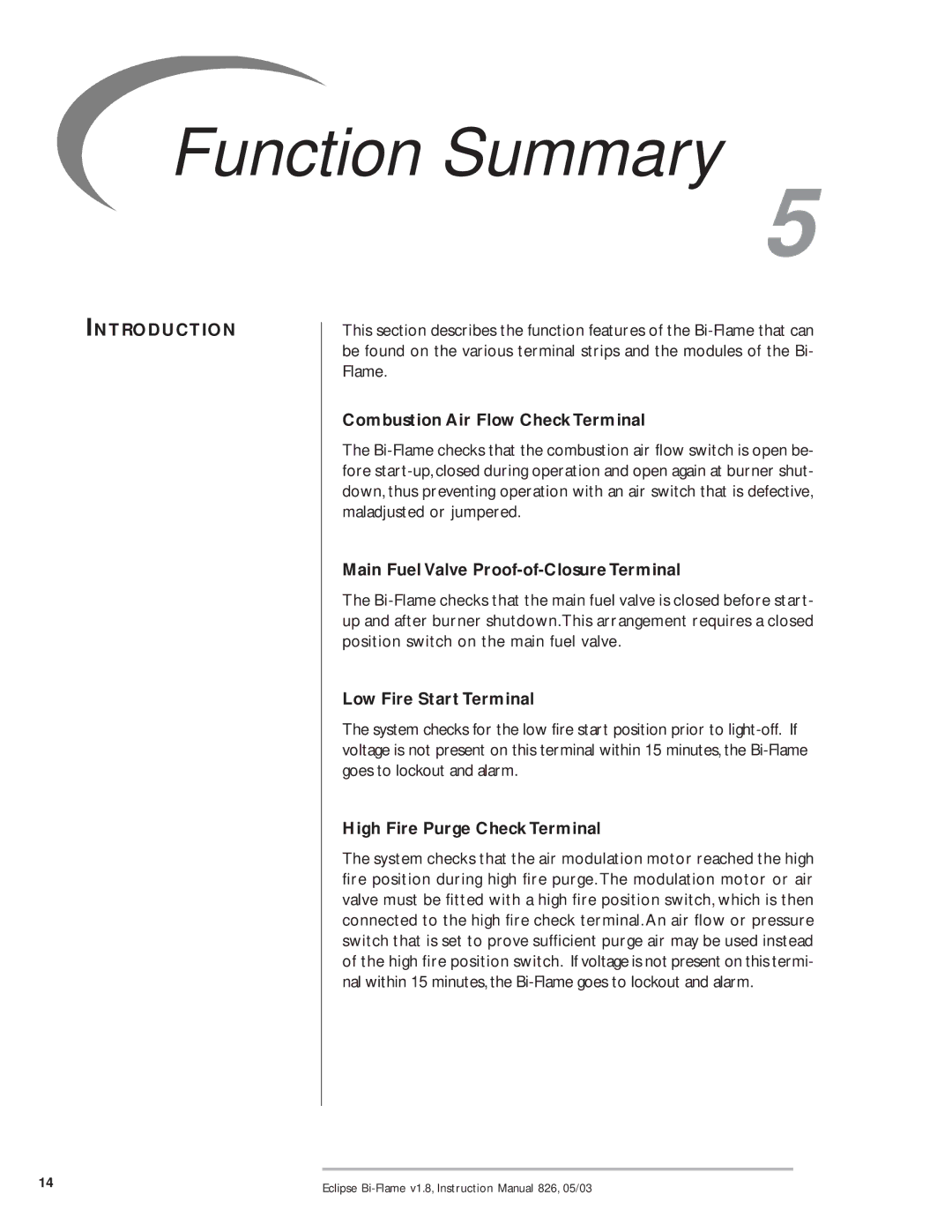 Eclipse Combustion 6500 Function Summary, Combustion Air Flow Check Terminal, Main Fuel Valve Proof-of-Closure Terminal 