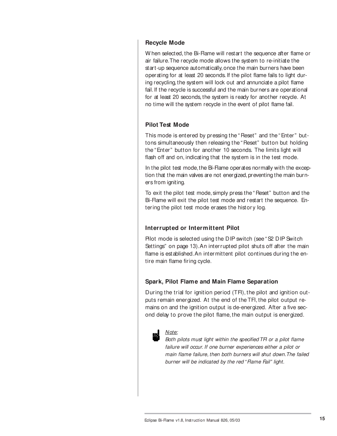 Eclipse Combustion 6500 instruction manual Recycle Mode, Pilot Test Mode, Interrupted or Intermittent Pilot 