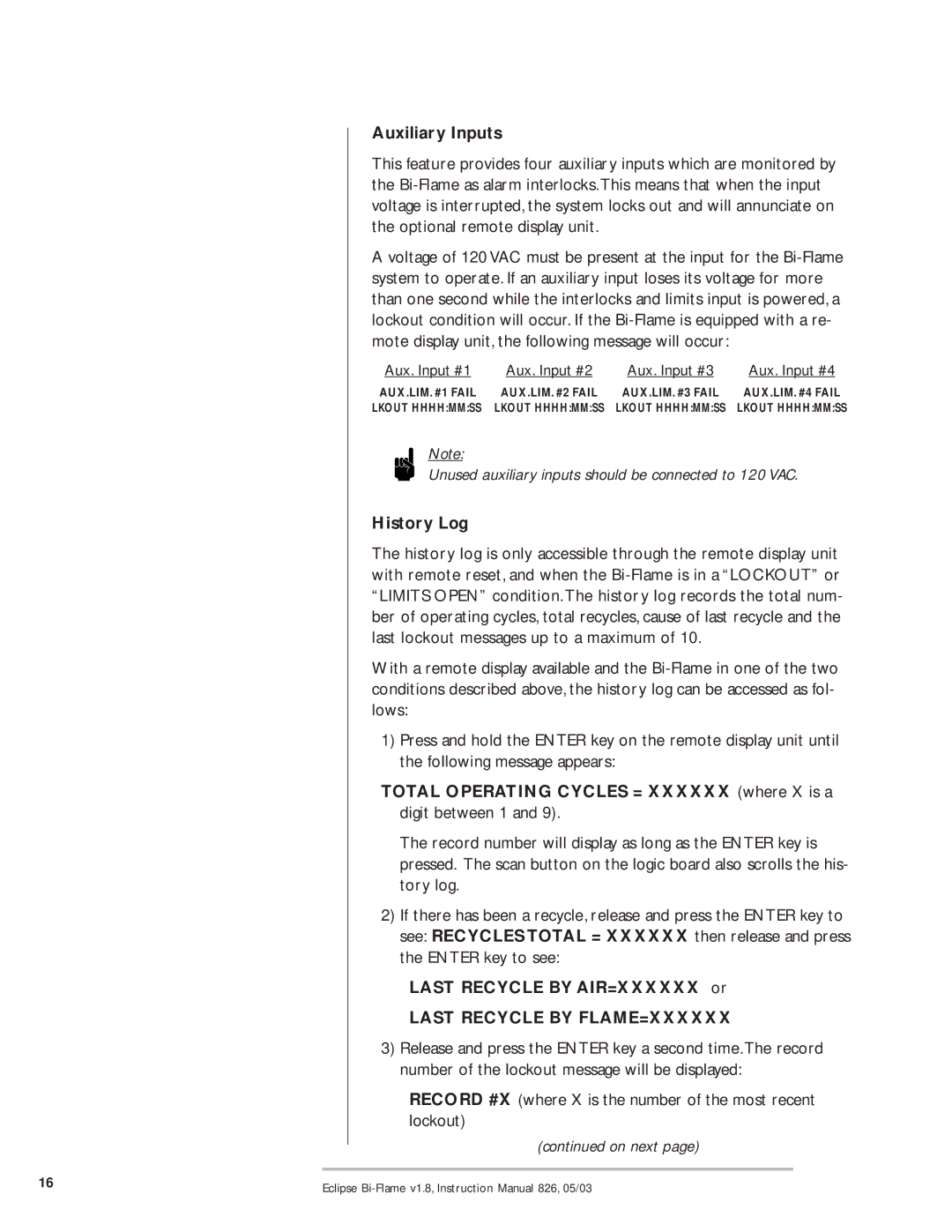 Eclipse Combustion 6500 Auxiliary Inputs, History Log, Last Recycle by AIR=XXXXXX or, Last Recycle by FLAME=XXXXXX 