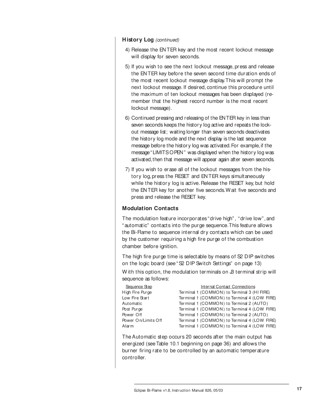 Eclipse Combustion 6500 instruction manual Modulation Contacts 