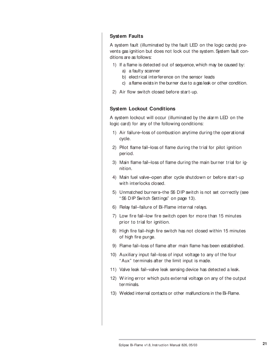 Eclipse Combustion 6500 instruction manual System Faults, System Lockout Conditions 