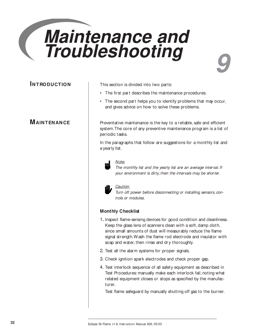 Eclipse Combustion 6500 instruction manual Introduction Maintenance, Monthly Checklist 