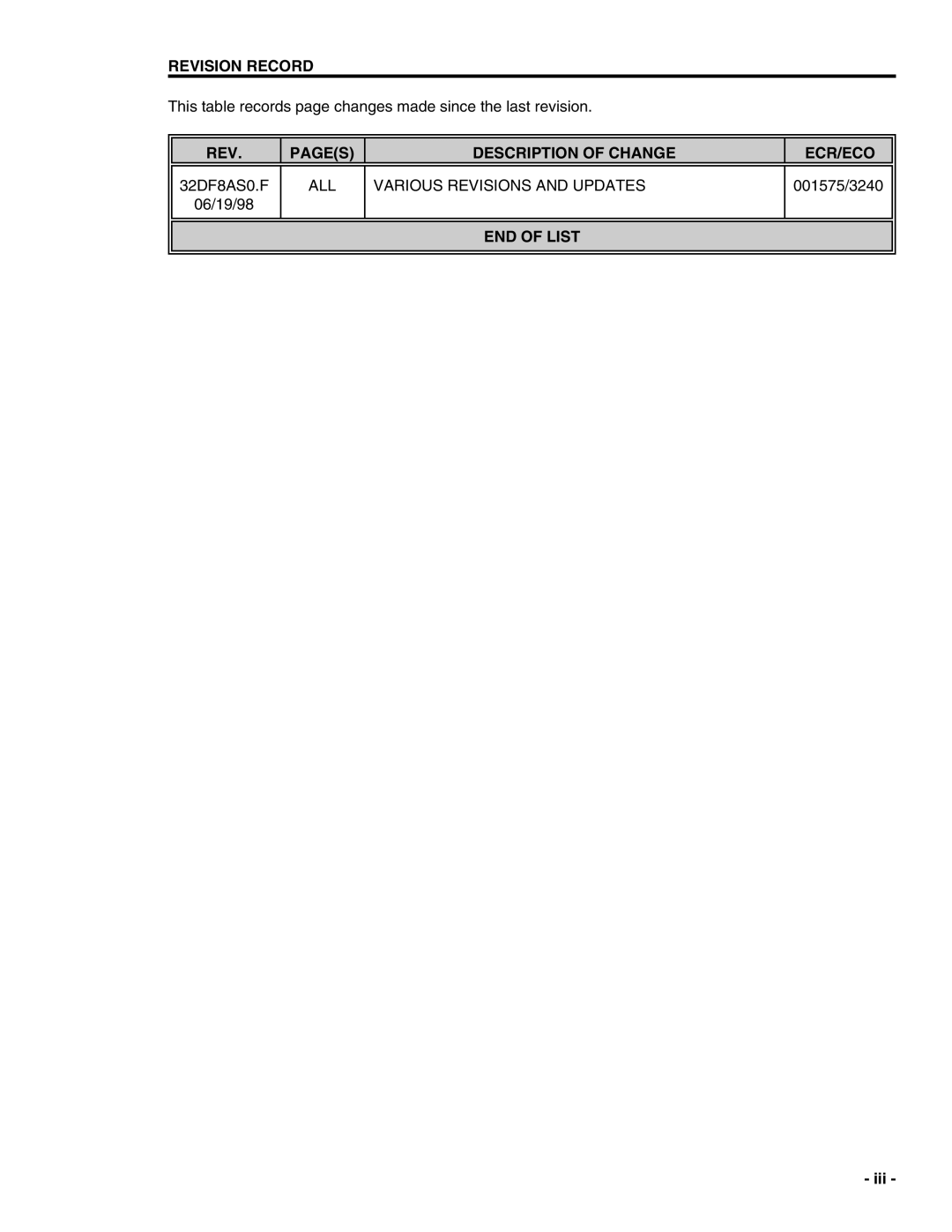 Eclipse Combustion F8000 owner manual Revision Record 