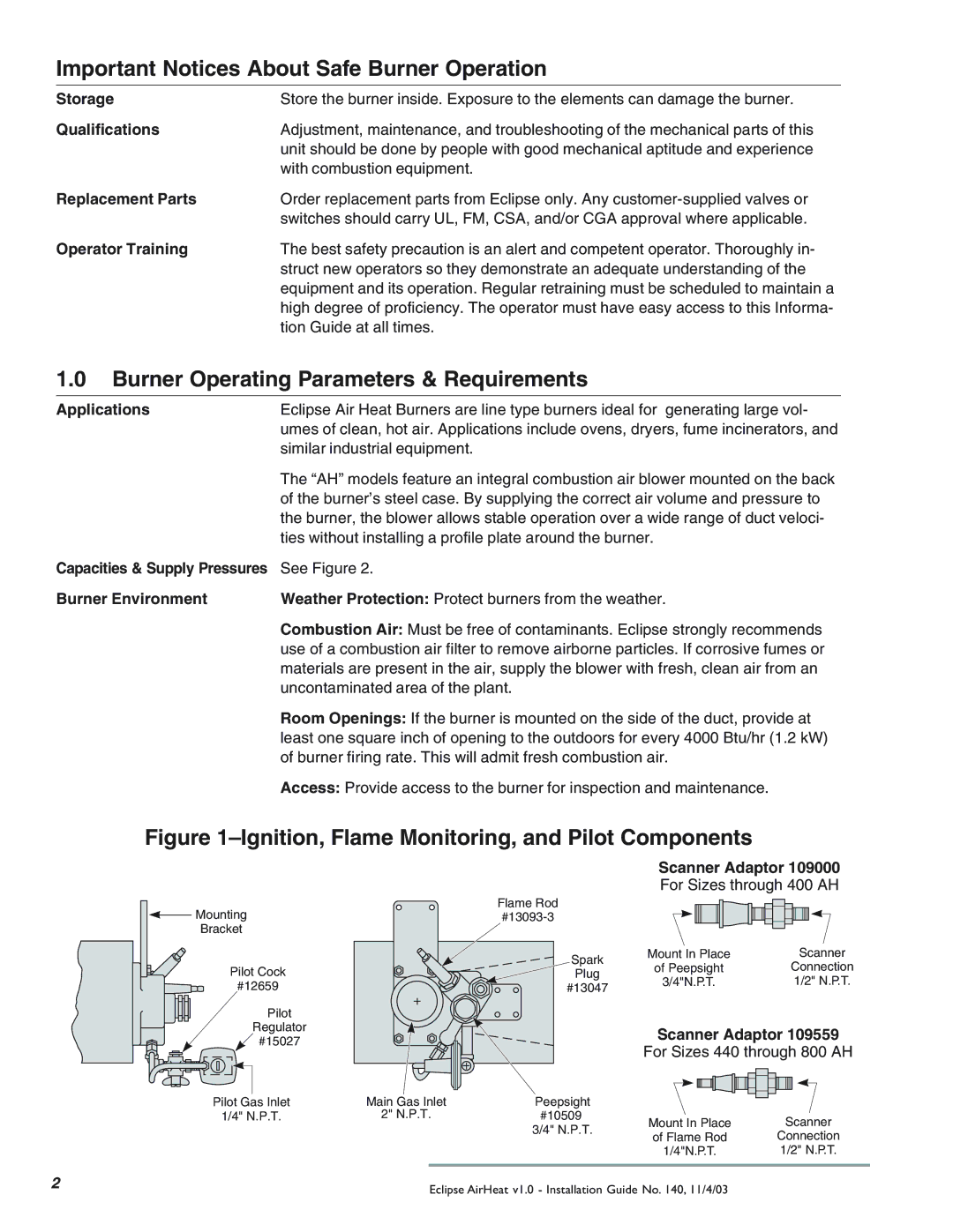 Eclipse Combustion TAH, CAH Important Notices About Safe Burner Operation, Burner Operating Parameters & Requirements 