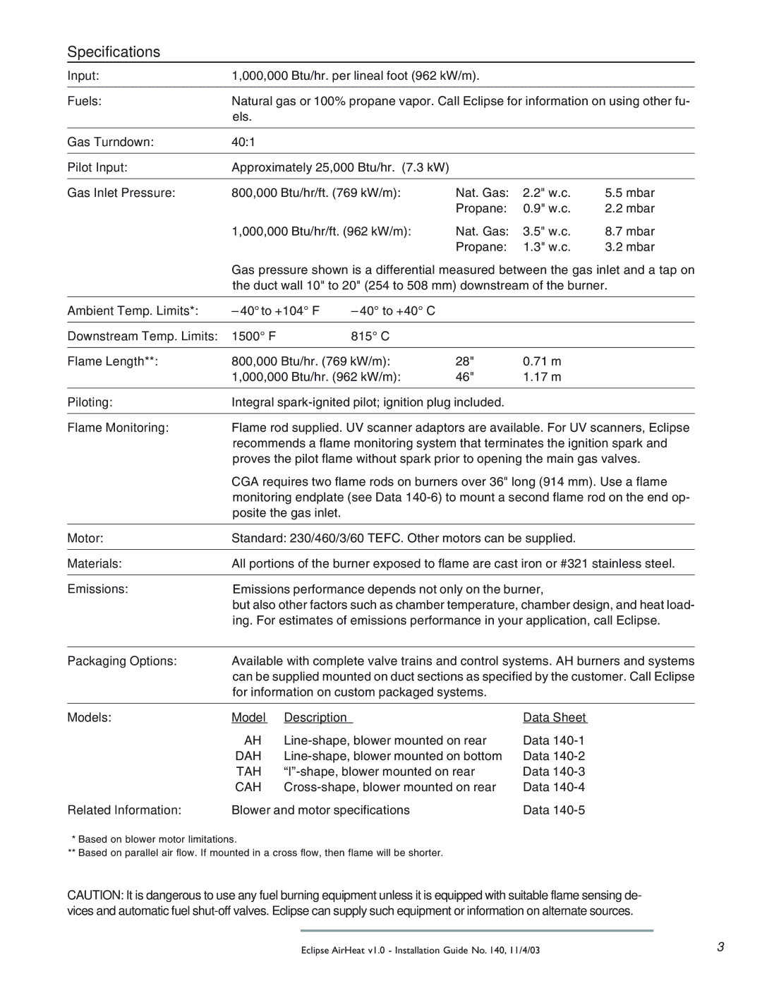 Eclipse Combustion DAH, TAH, CAH manual Specifications 