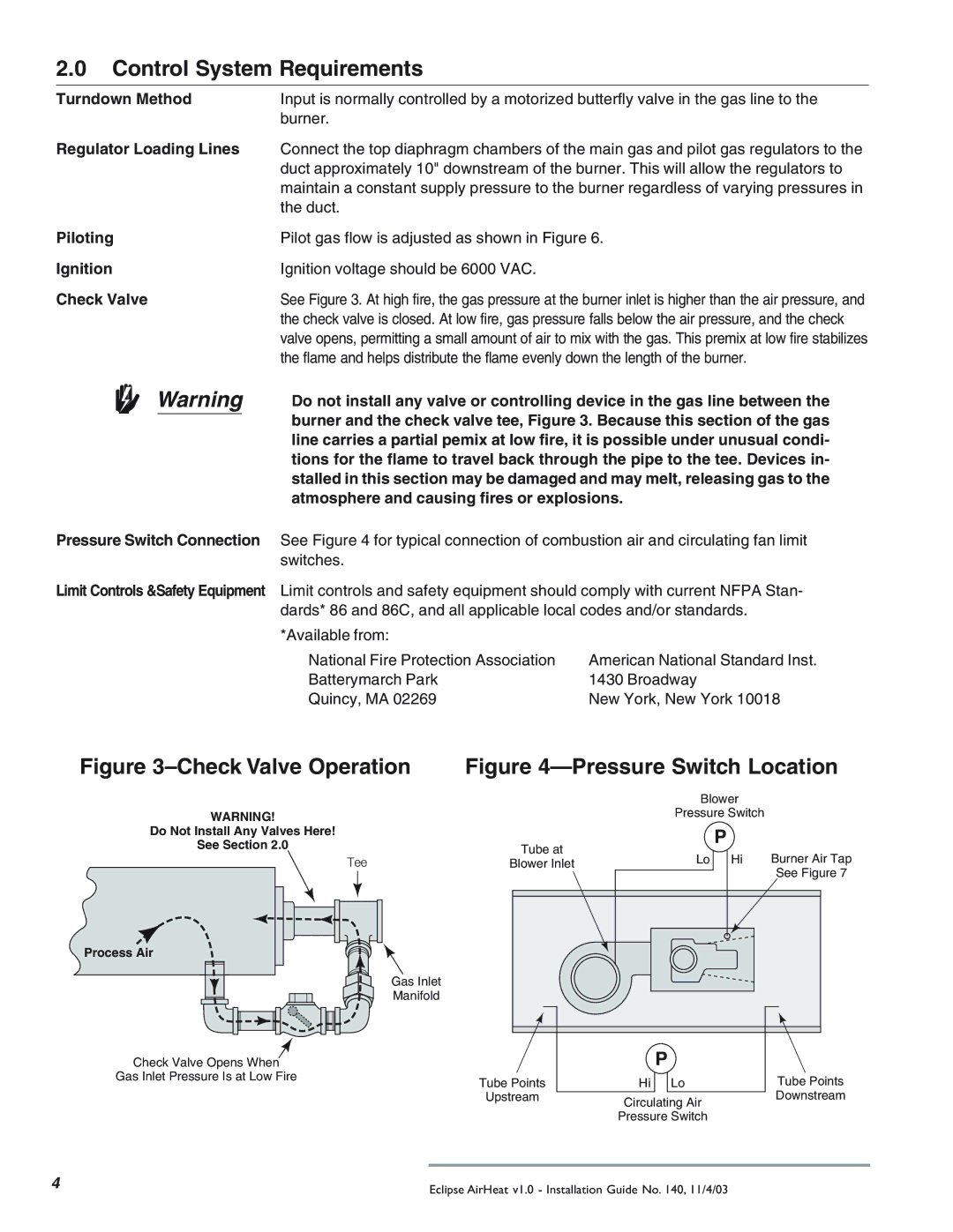 Eclipse Combustion TAH, CAH Control System Requirements, Turndown Method, Regulator Loading Lines, Ignition, Check Valve 