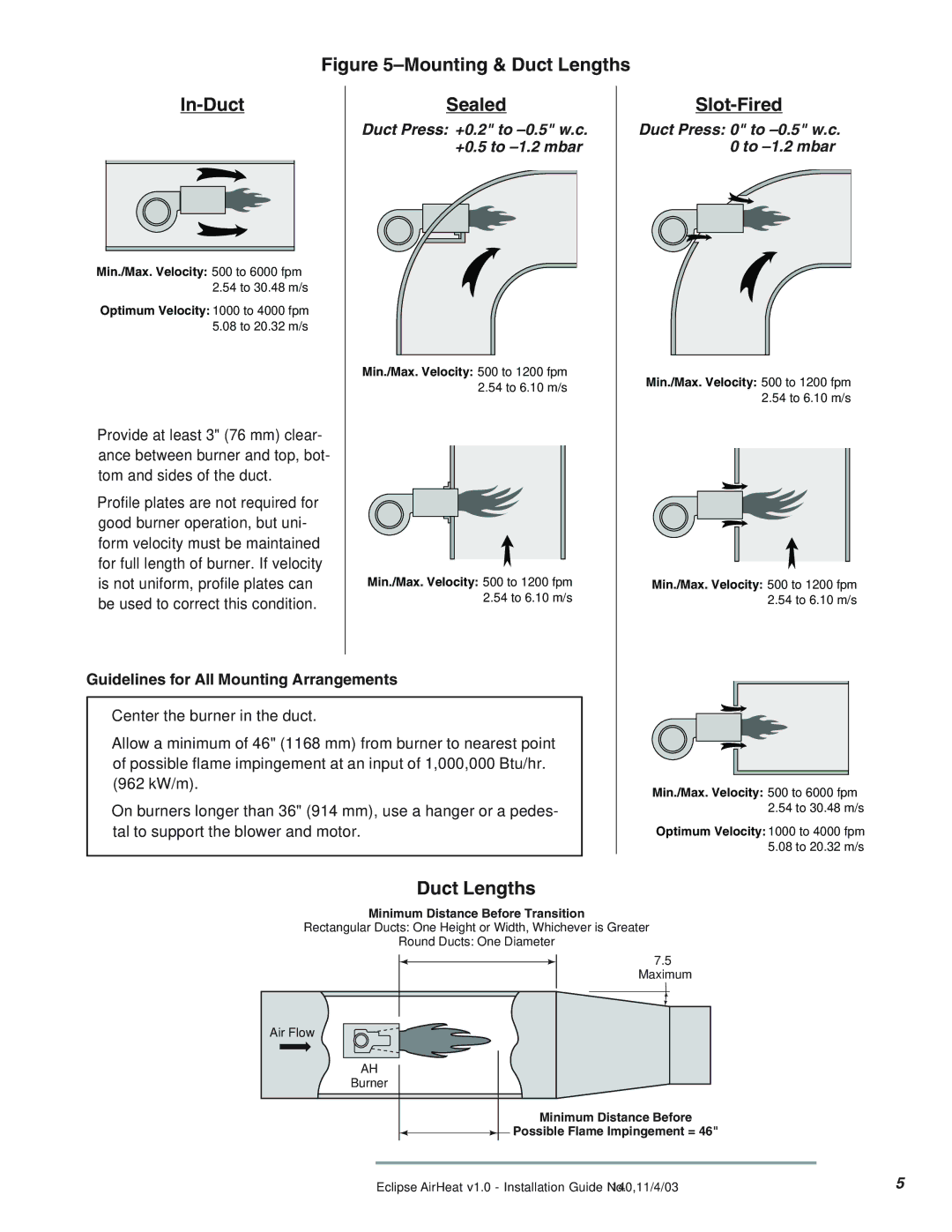 Eclipse Combustion CAH, TAH, DAH manual Sealed, Slot-Fired, Duct Lengths, Guidelines for All Mounting Arrangements 