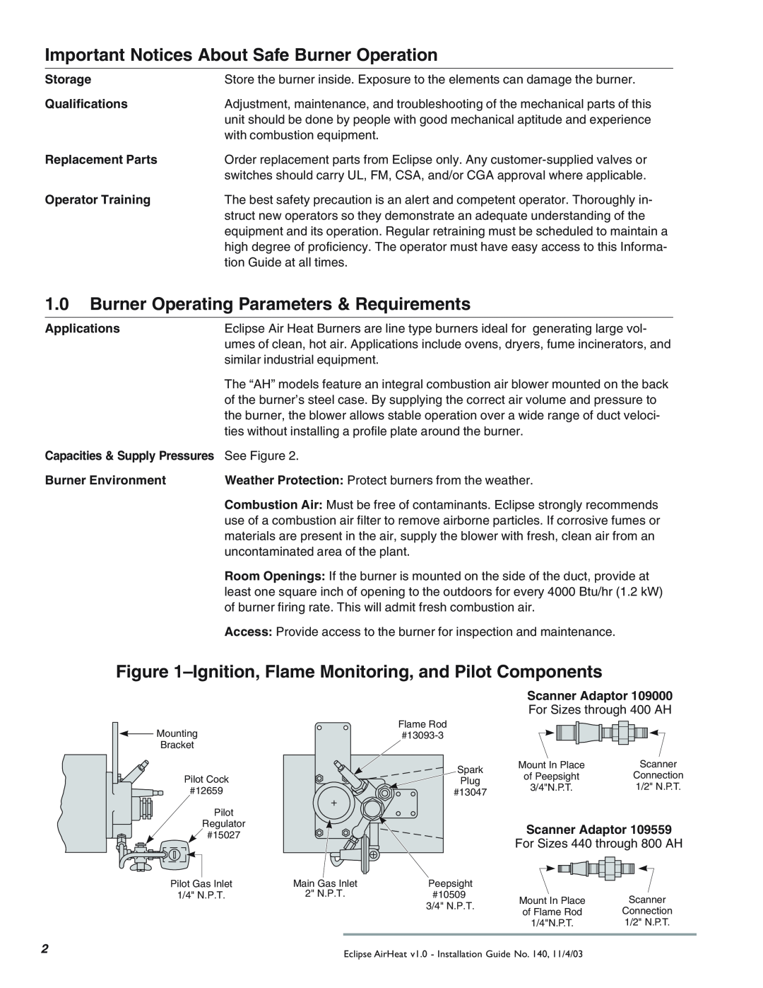 Eclipse Combustion TAH Important Notices About Safe Burner Operation, 1.0Burner Operating Parameters & Requirements 