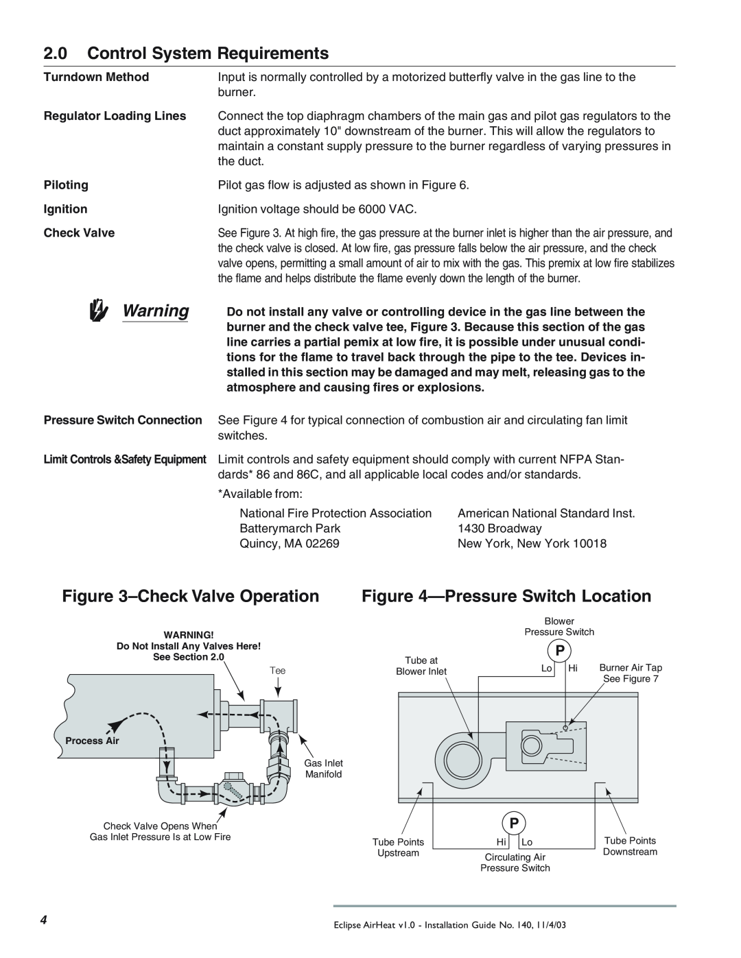 Eclipse Combustion TAH, CAH, DAH 2.0Control System Requirements, CheckValve Operation, PressureSwitch Location, wWarning 