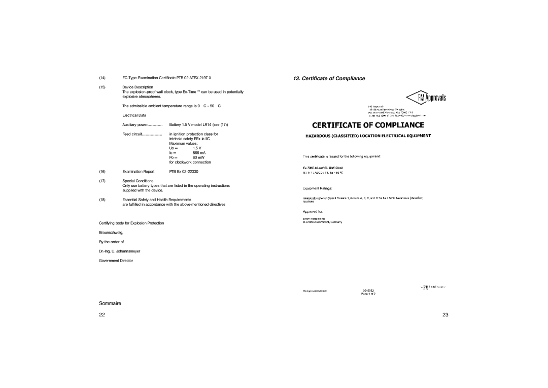 Ecom Instruments 50, 40 instruction manual Certificate of Compliance, Sommaire 