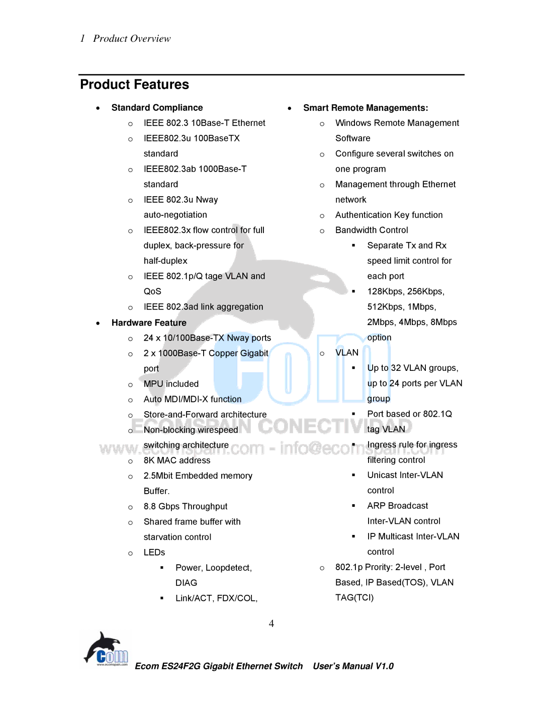 Ecom Instruments ECOM-EF24F2G user manual Product Features, Standard Compliance Smart Remote Managements 