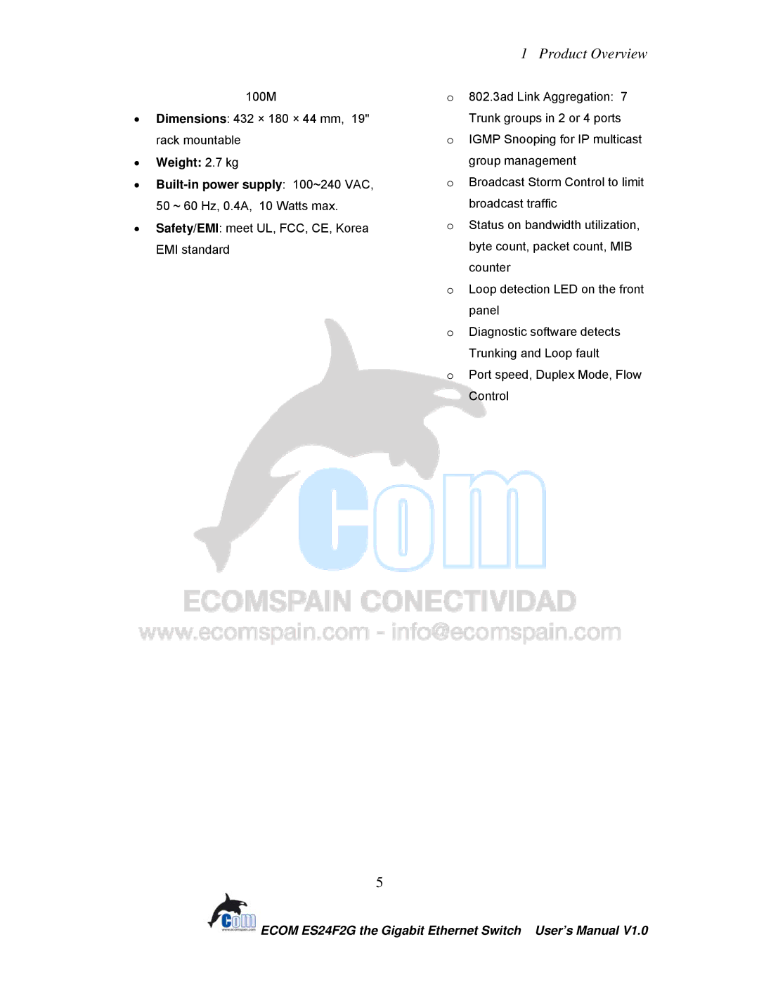 Ecom Instruments ECOM-EF24F2G user manual 100M Dimensions 432 × 180 × 44 mm, 19 rack mountable 