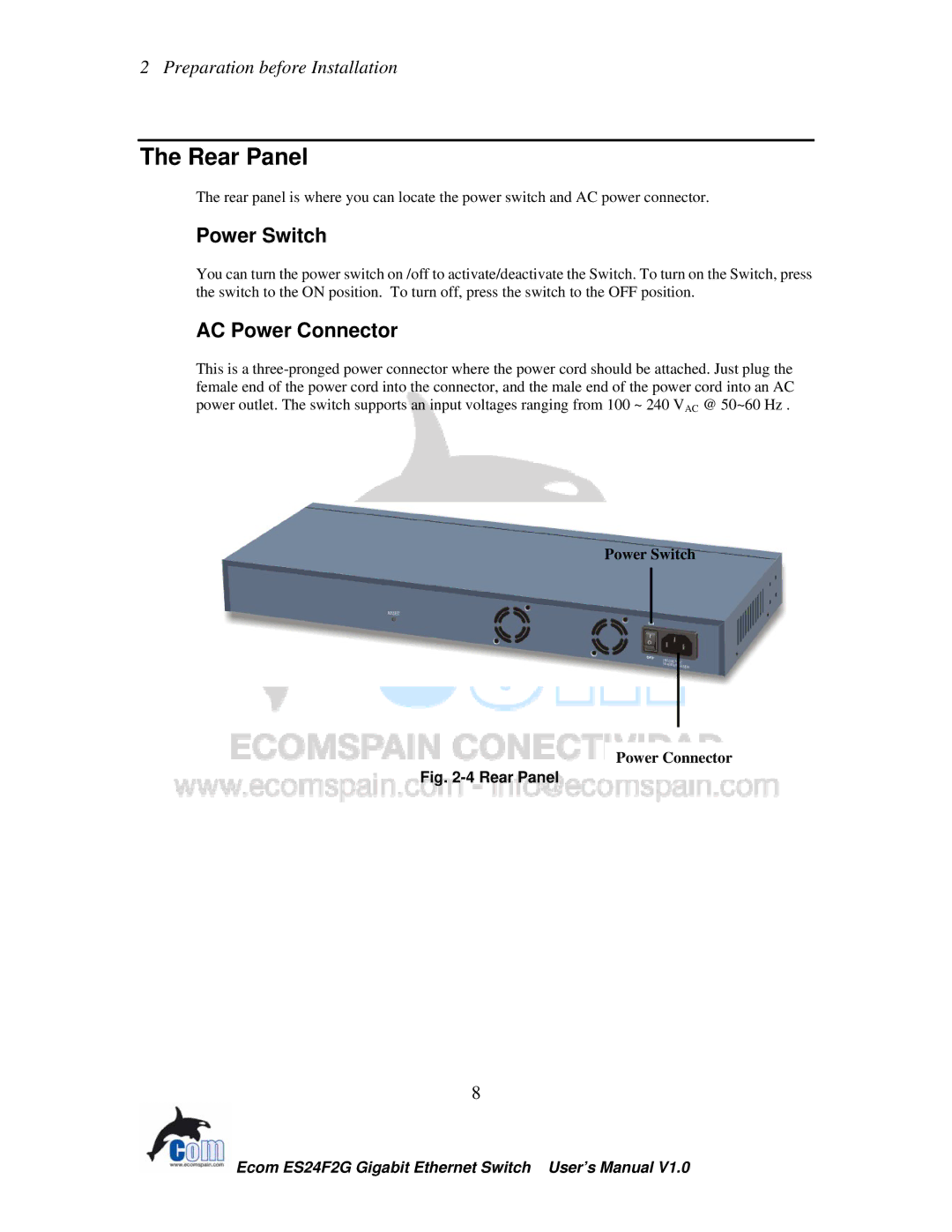 Ecom Instruments ECOM-EF24F2G user manual Rear Panel, AC Power Connector, Power Switch Power Connector 