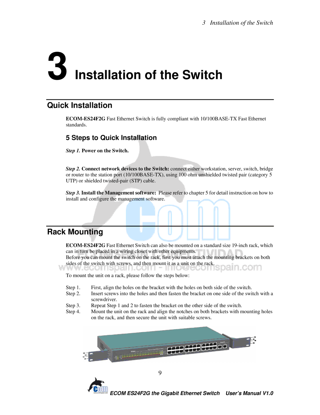 Ecom Instruments ECOM-EF24F2G user manual Installation of the Switch, Rack Mounting, Steps to Quick Installation 