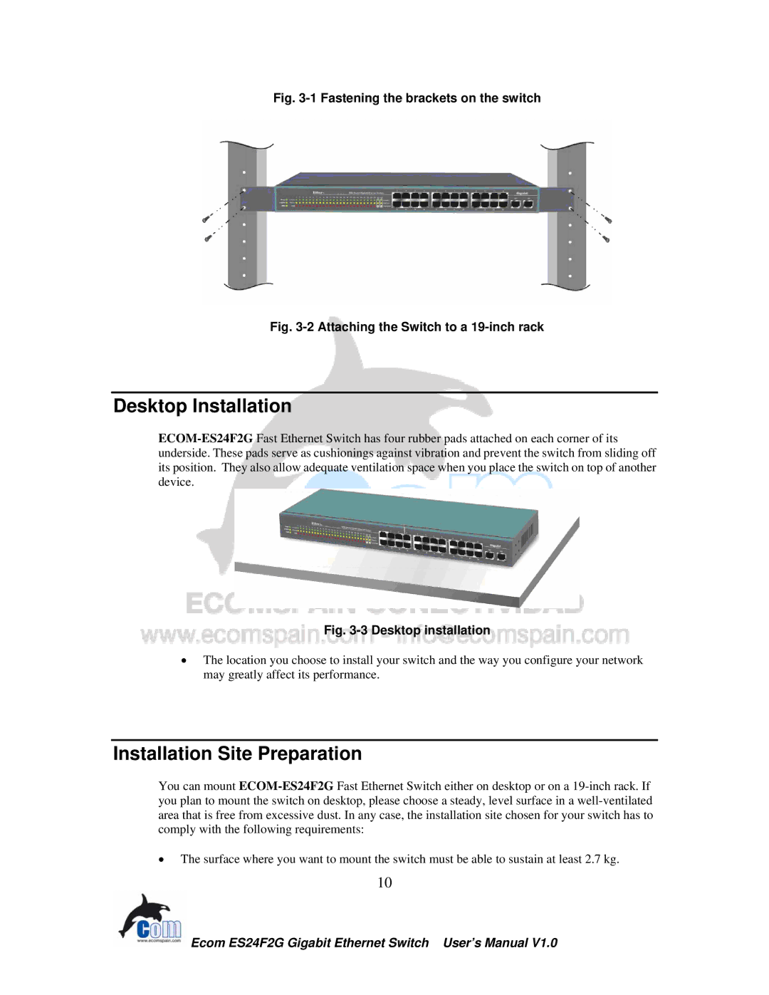 Ecom Instruments ECOM-EF24F2G user manual Desktop Installation, Installation Site Preparation 