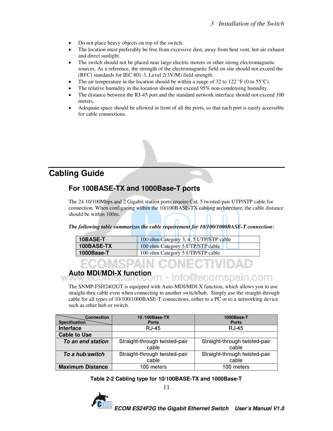 Ecom Instruments ECOM-EF24F2G user manual Cabling Guide, For 100BASE-TX and 1000Base-T ports, Auto MDI/MDI-X function 